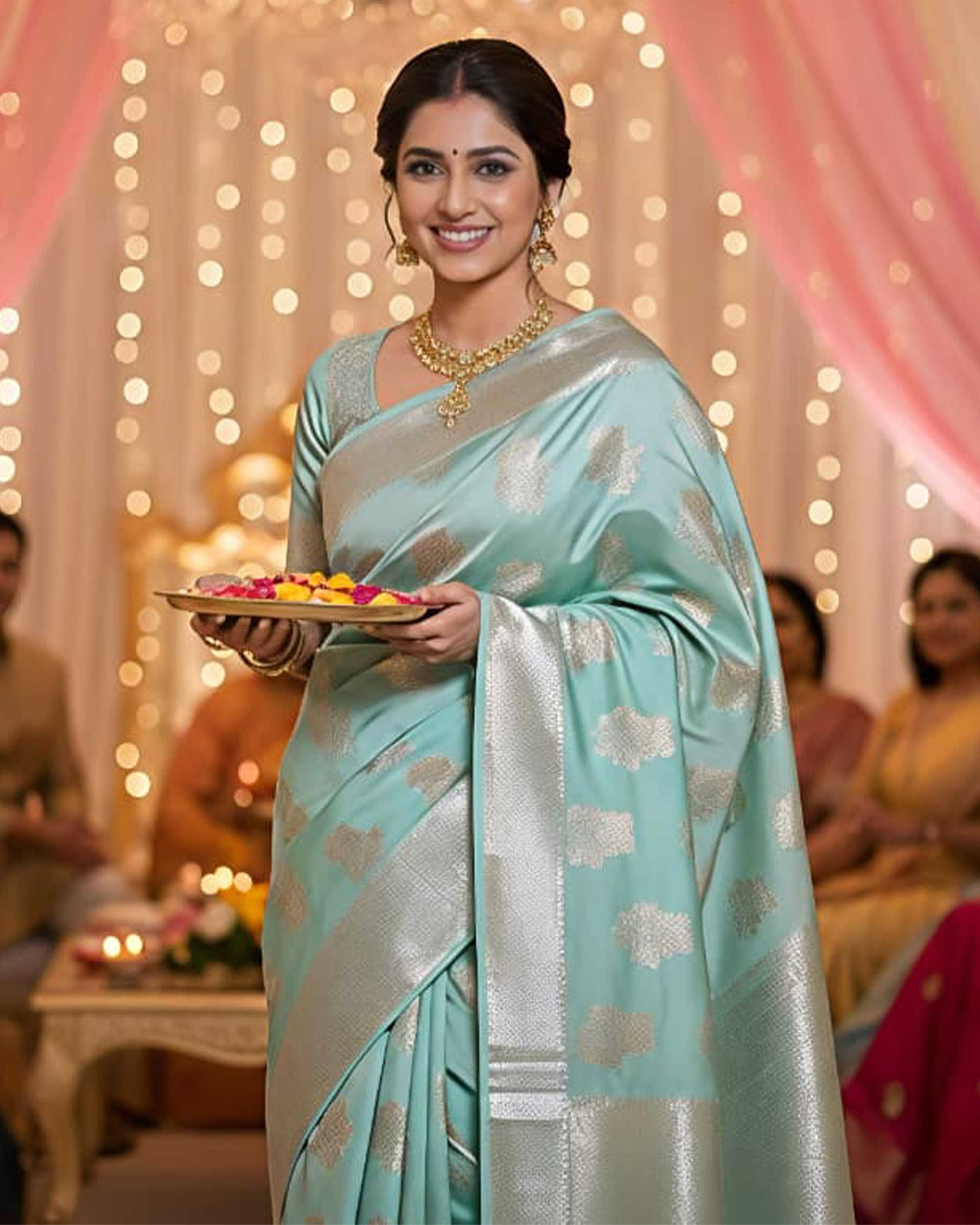 Sea Green & Silver-Toned Woven Design Banarasi Silk Saree with Blouse Piece