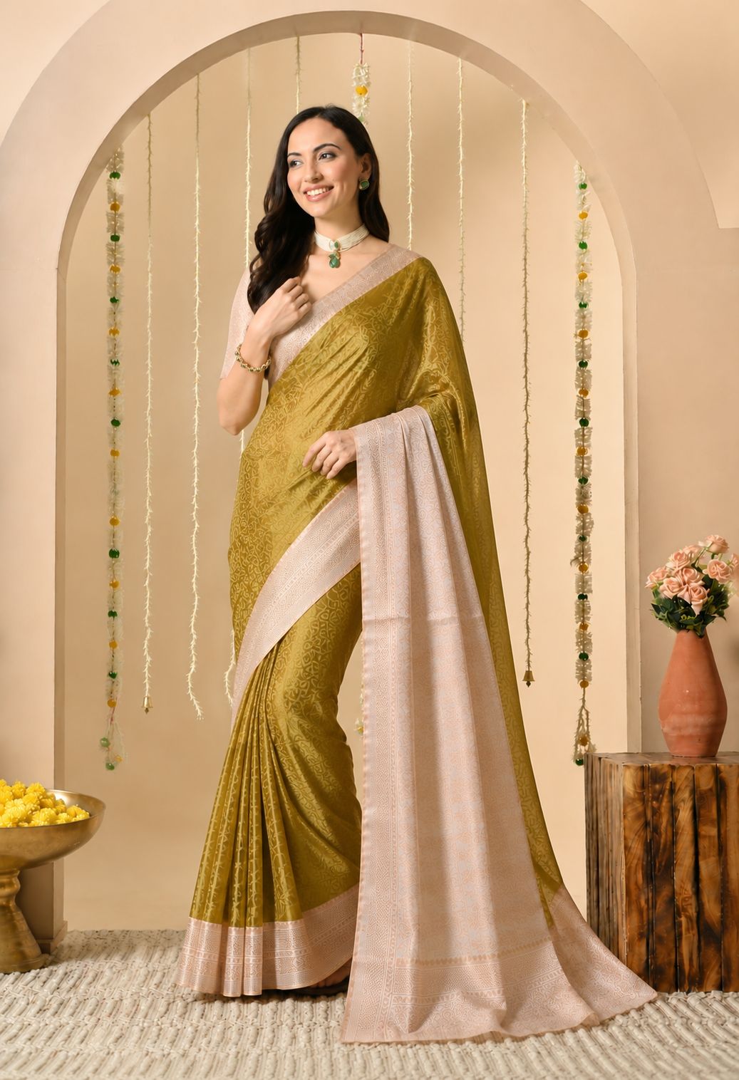 Women Mustard & Blush Pink Woven Design Silk Blend Saree