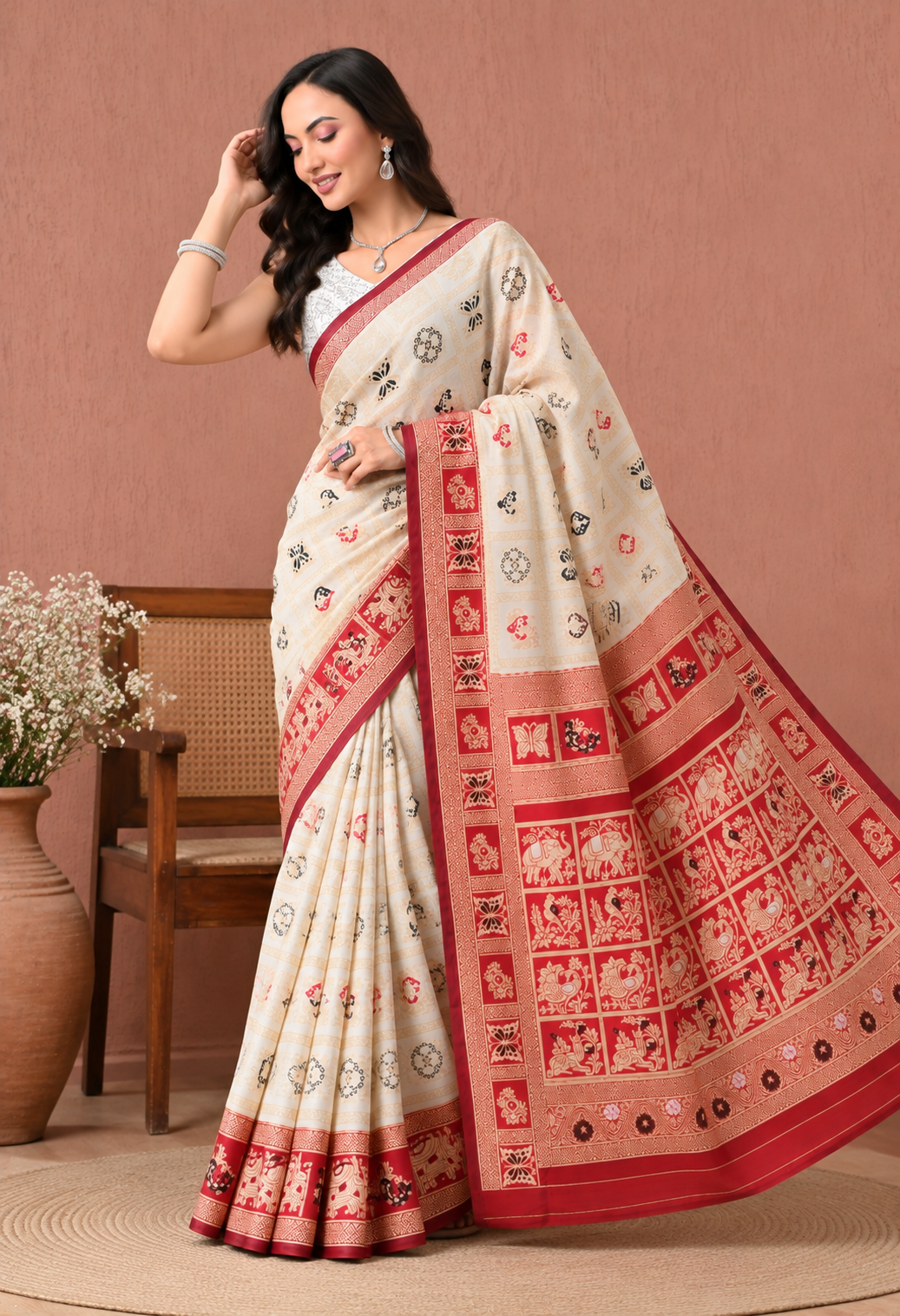Off-White Printed Saree with Red Traditional Border & Designer Pallu