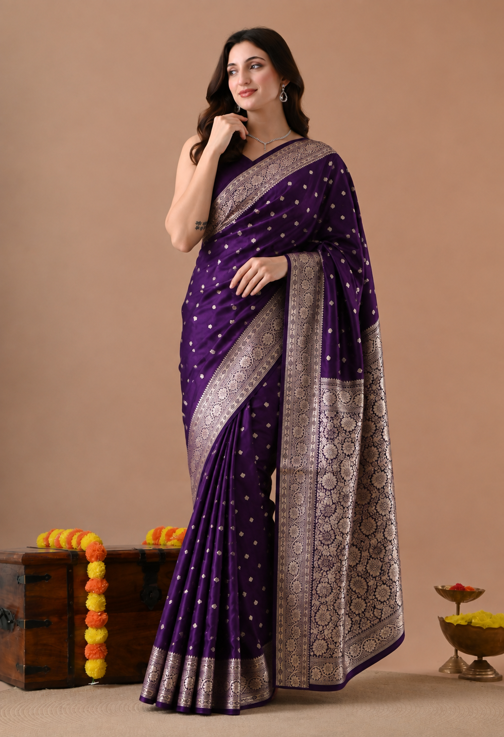 Purple Art Silk Zari Woven Banarasi Saree with Floral Pallu