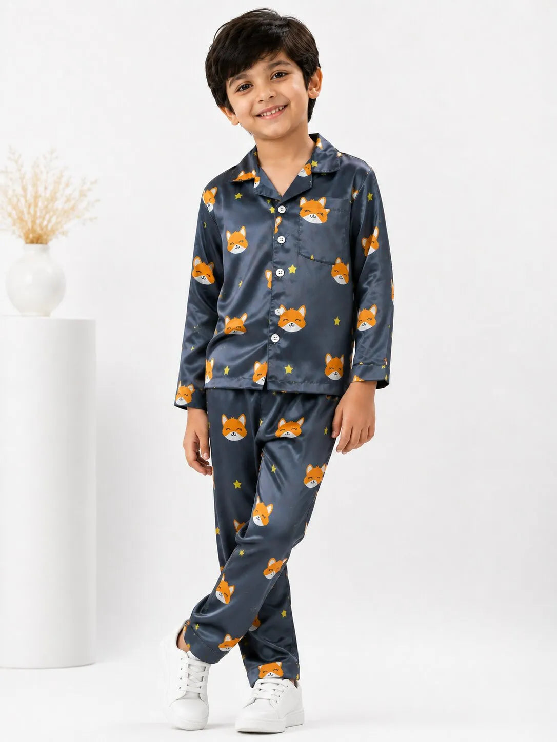 Kids Navy Blue Fox Print Satin Pajama Set