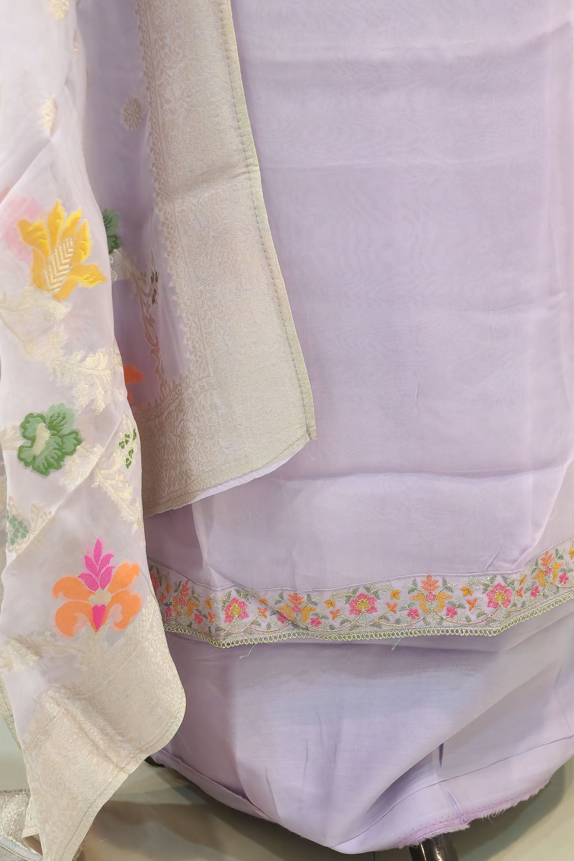 Lavender Floral Embroidered Silk Organza Unstitched Dress Material with Zari Border