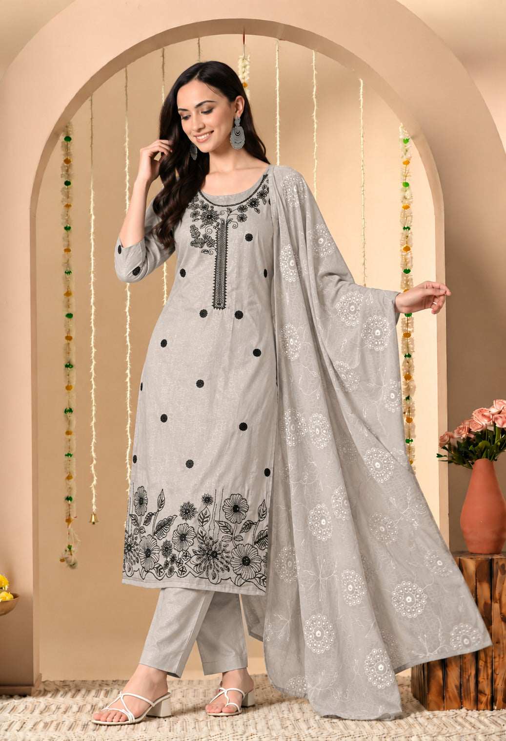 Grey Chanderi Silk Embroidered Suit Set with Dupatta
