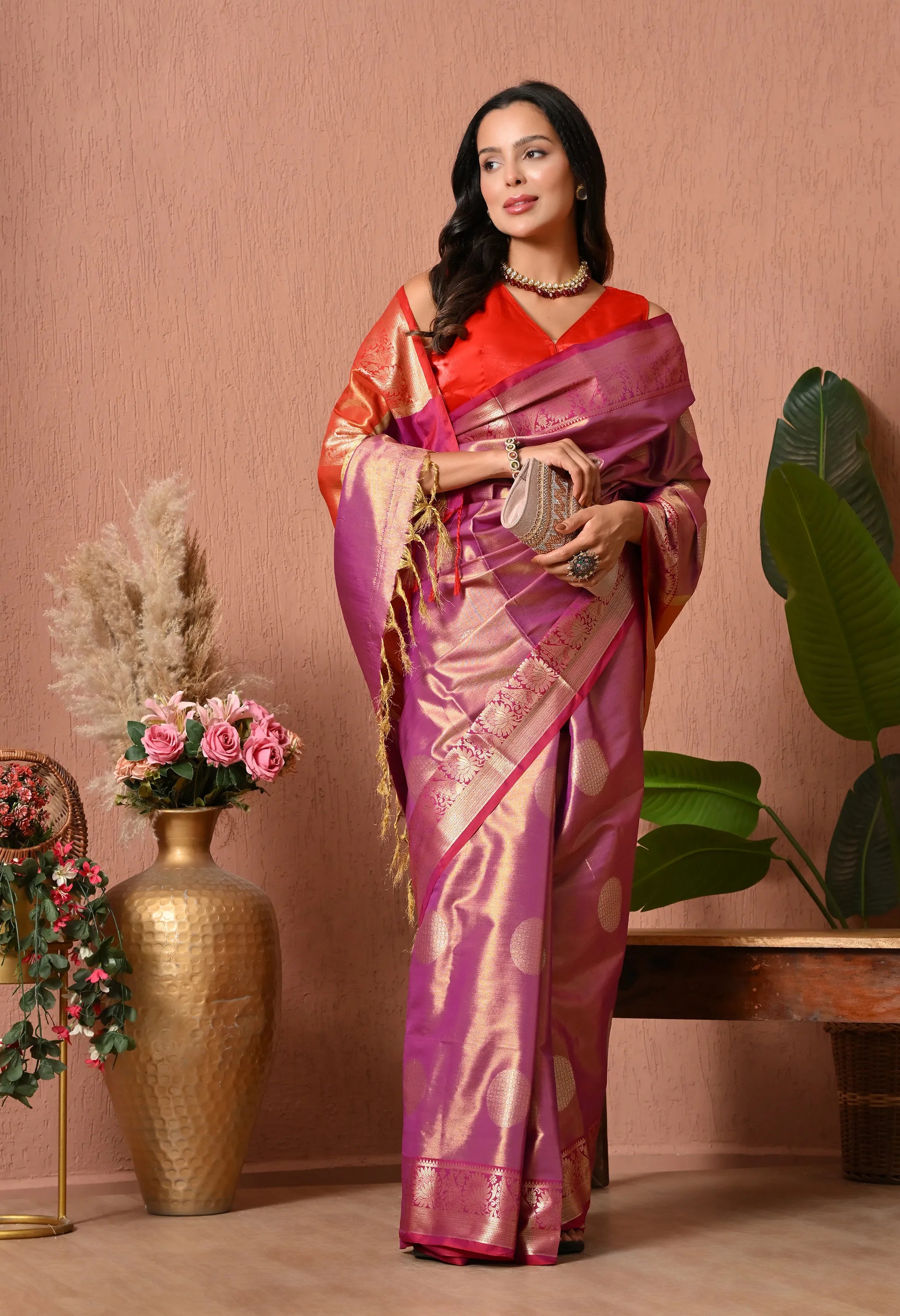 Orchid Mauve Silk Blend Saree with Multi-Colored Zari Pallu)