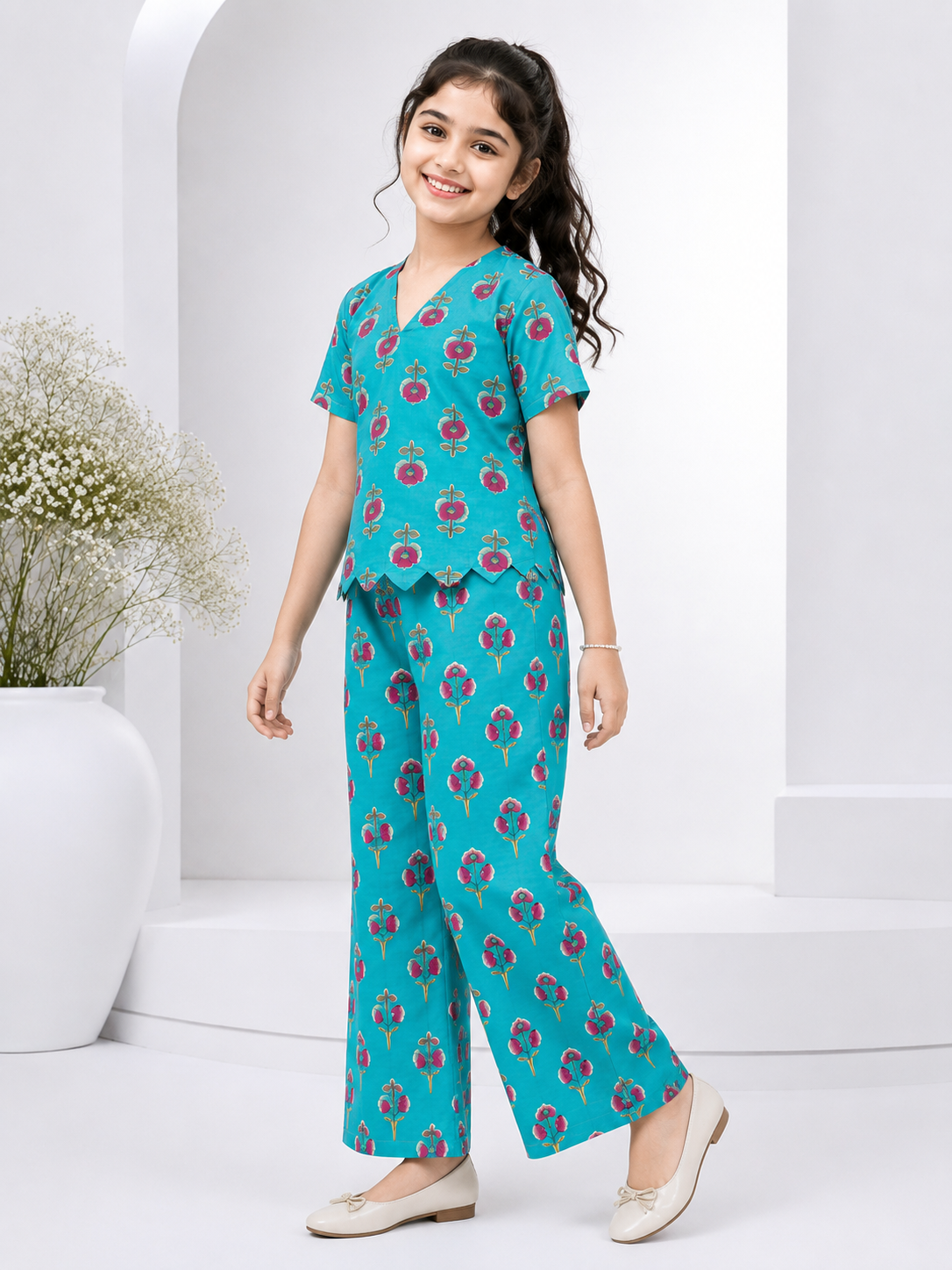 Girls Turquoise Blue Floral Printed Scallop-Hem Top & Wide-Leg Co-Ord Set