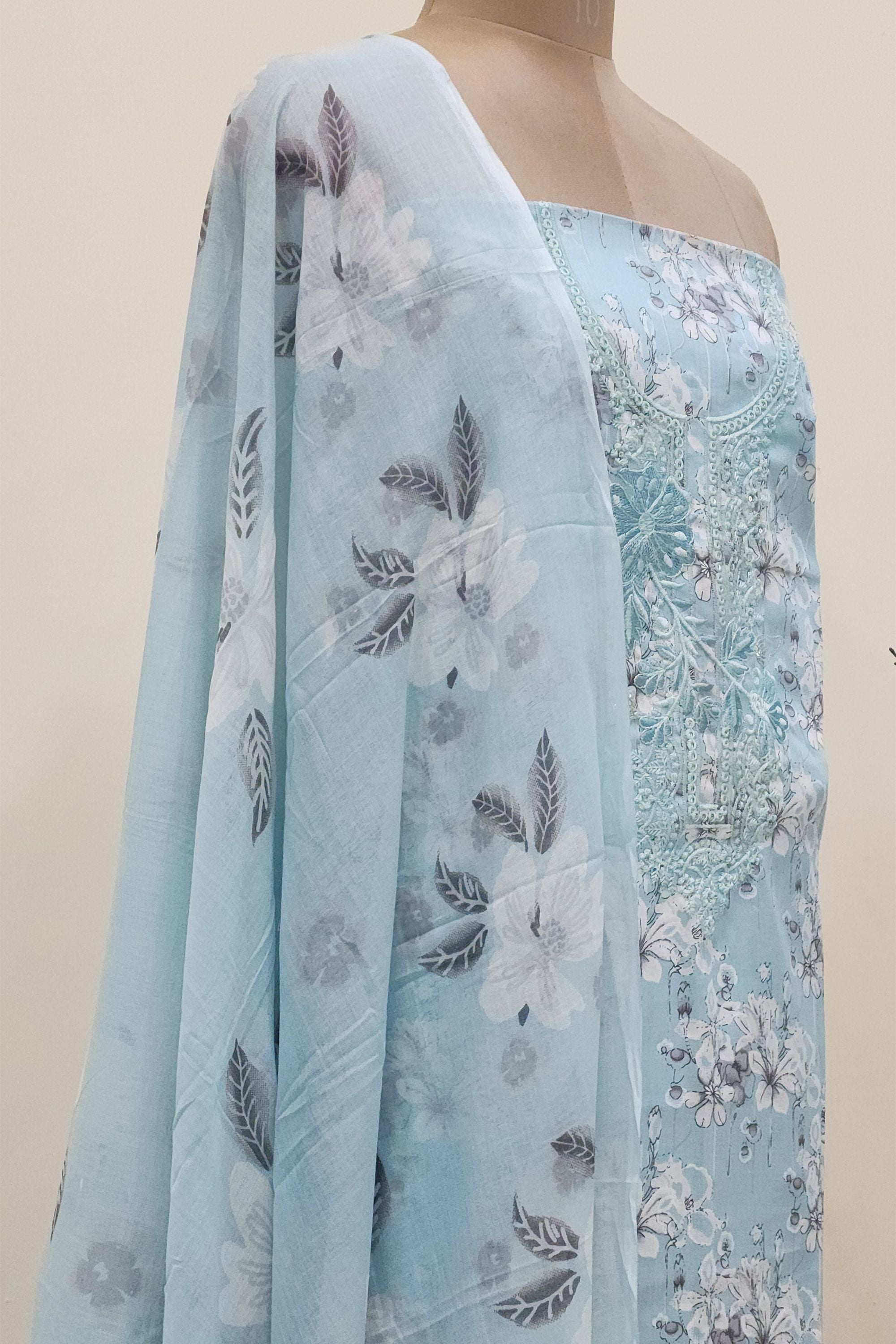 Women's Pure Cotton Sky Blue Floral Print Unstitched Suit