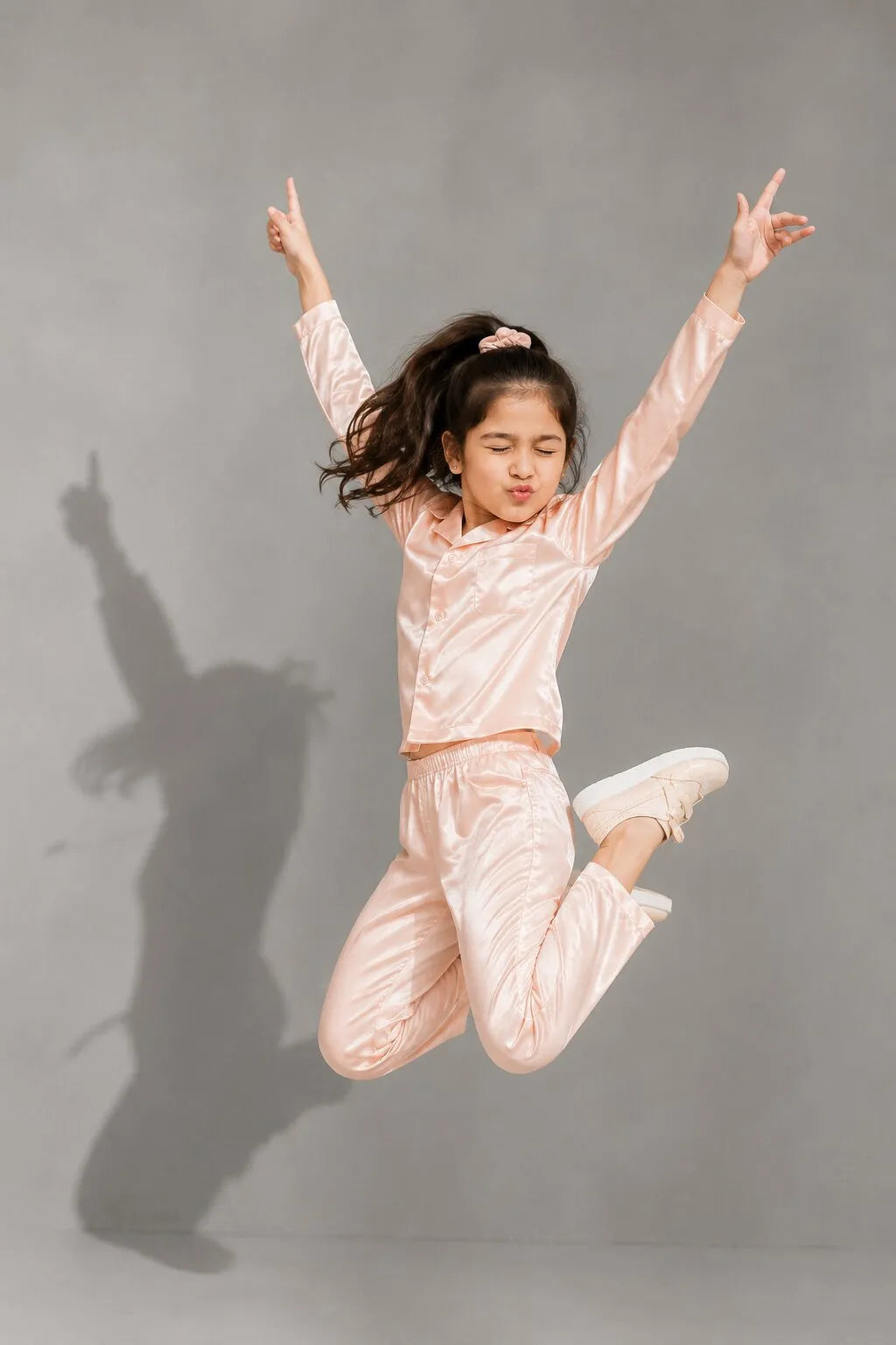 Kids' Peach Solid Satin Girls Night Suit