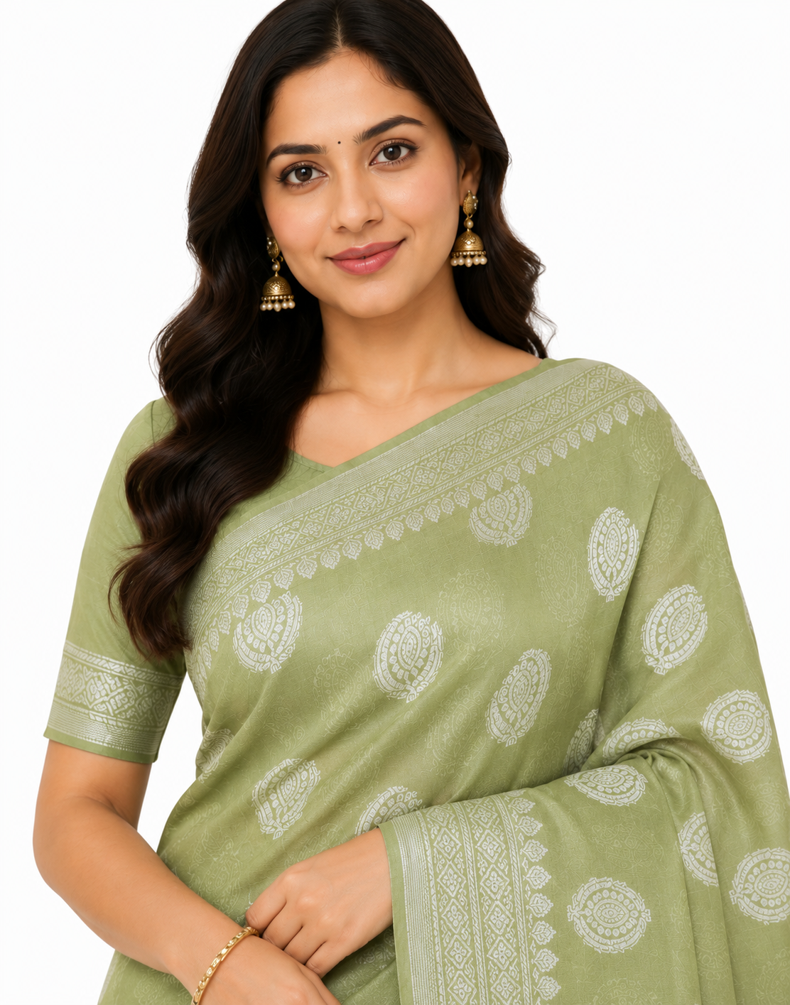 Olive Green & Silver-Toned Polka Dot Woven Design Banarasi Saree with Unstitched Blouse