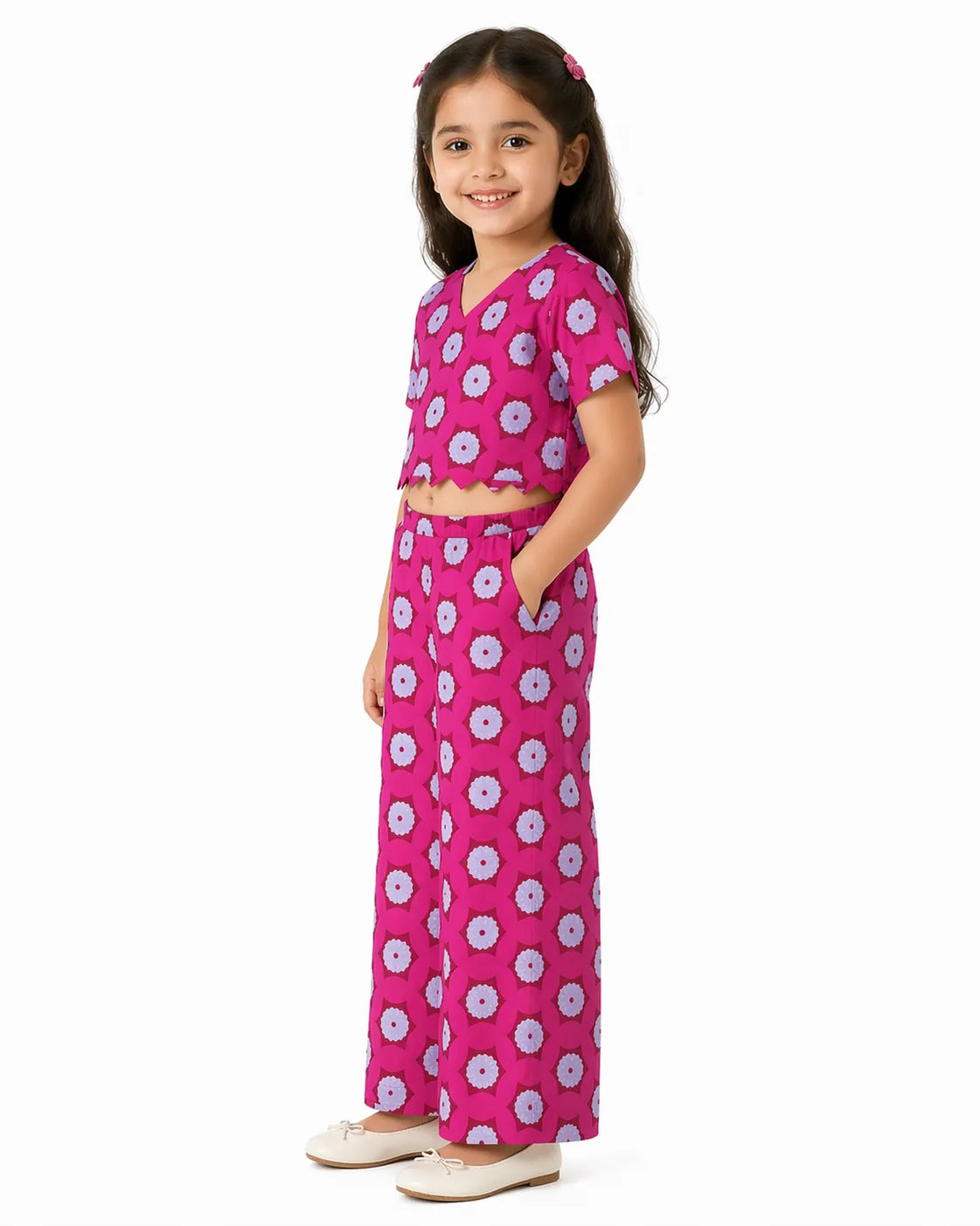 Girls Pink & White Pure Cotton Geometric Printed Co-ord Set