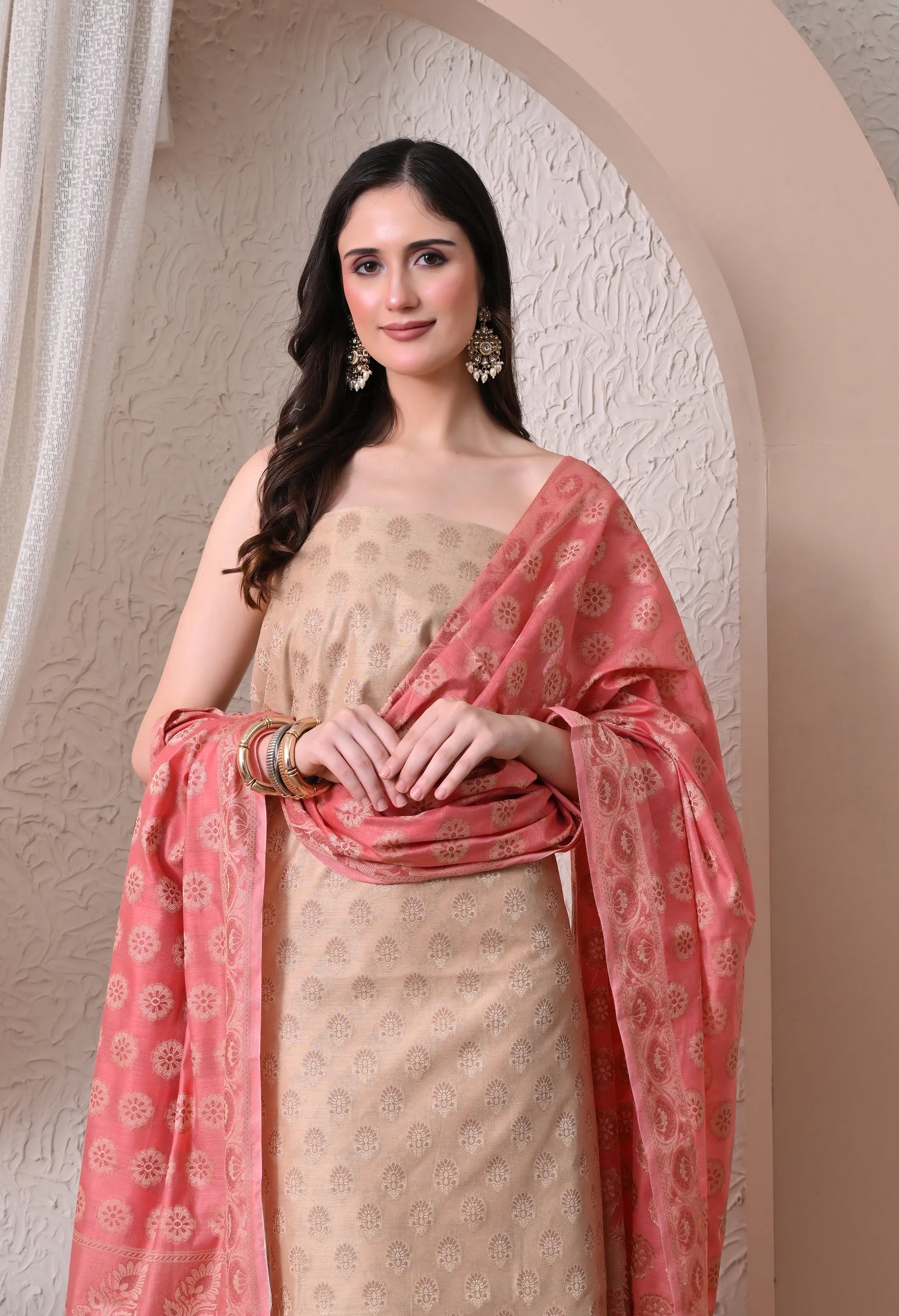 Elegant Beige and Pink Woven Silk Unstitched Salwar Suit Material with Banarasi Style Dupatta