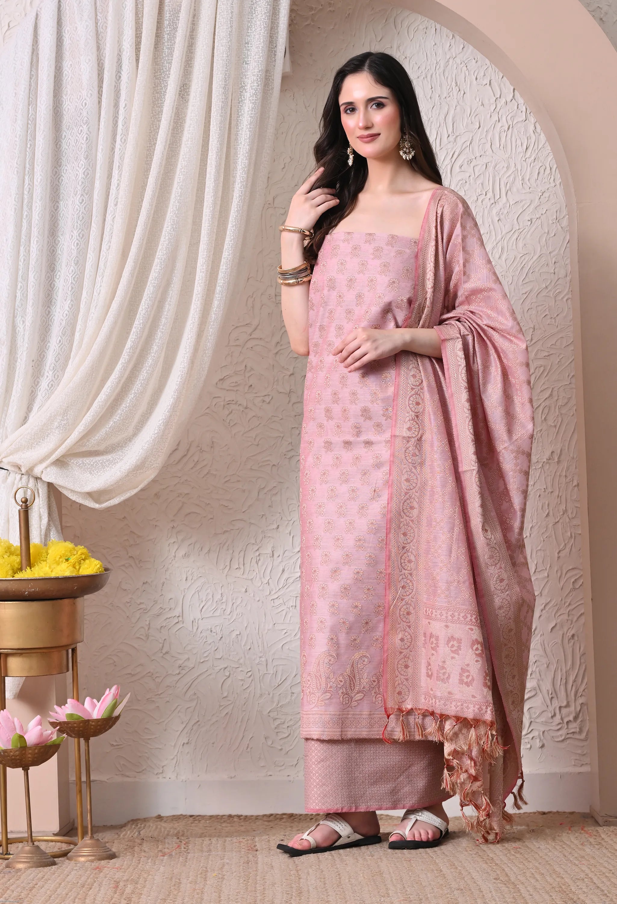 Elegant Onion Pink and Gold Woven Silk Unstitched Salwar Suit Material with Banarasi Style Dupatta