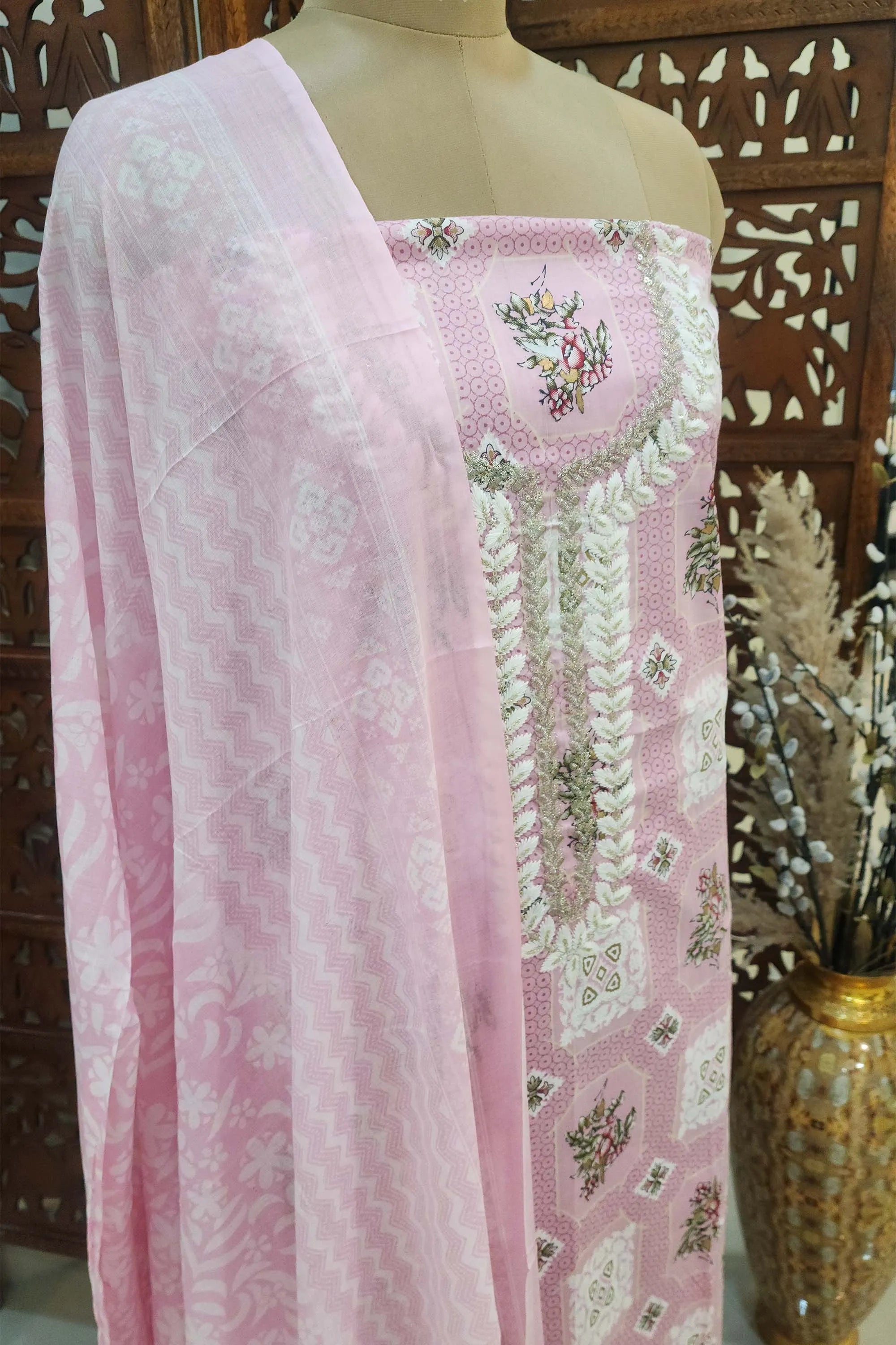 Pink & White Floral Printed Unstitched Pure Cotton Dress Material with Dupatta