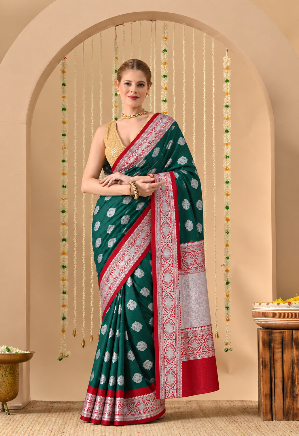 Green & Crimson Red Banarasi-Style Woven Art Silk Saree