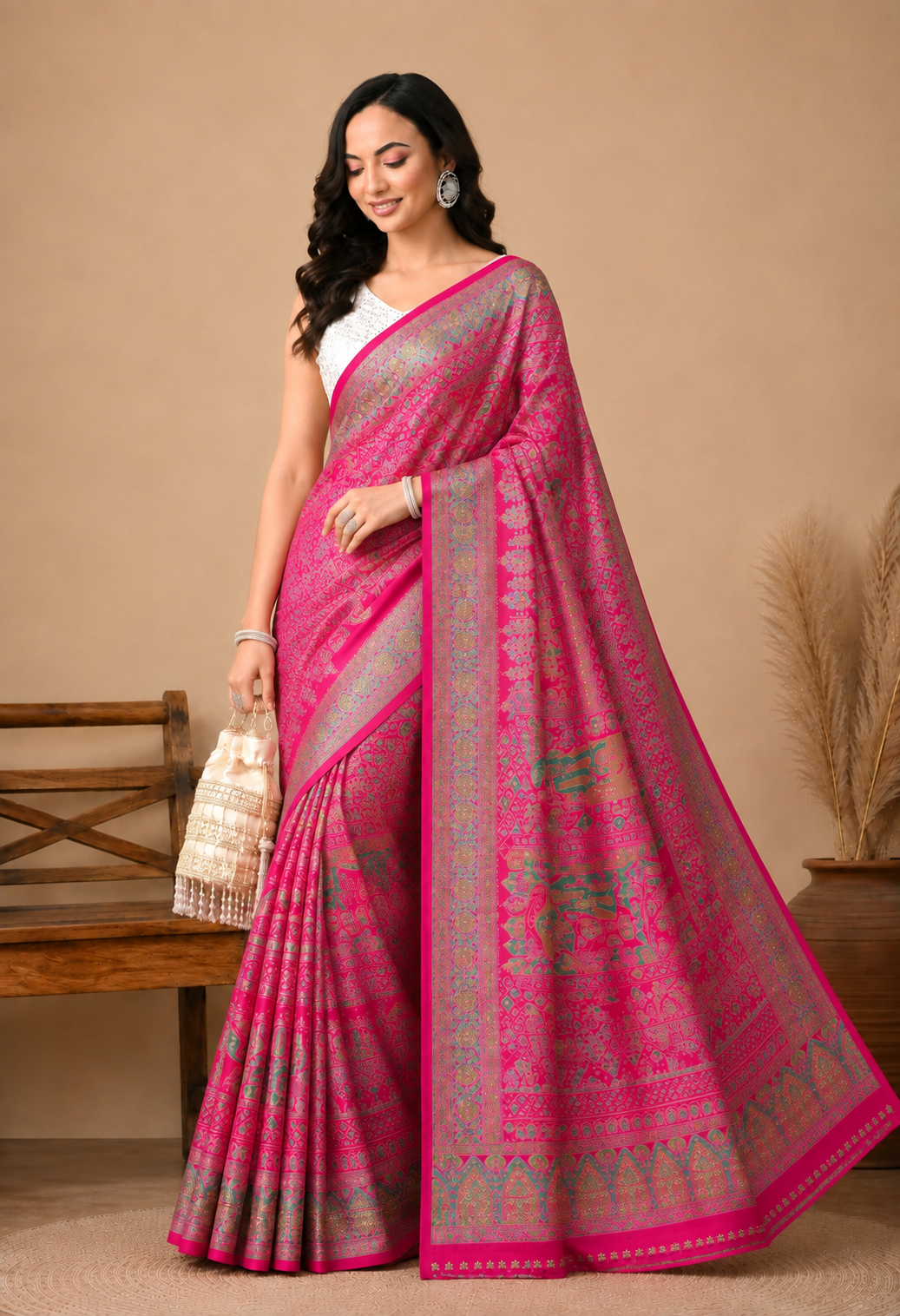 Women Pink Georgette Ethnic Printed Saree with Intricate Embellished Detailing