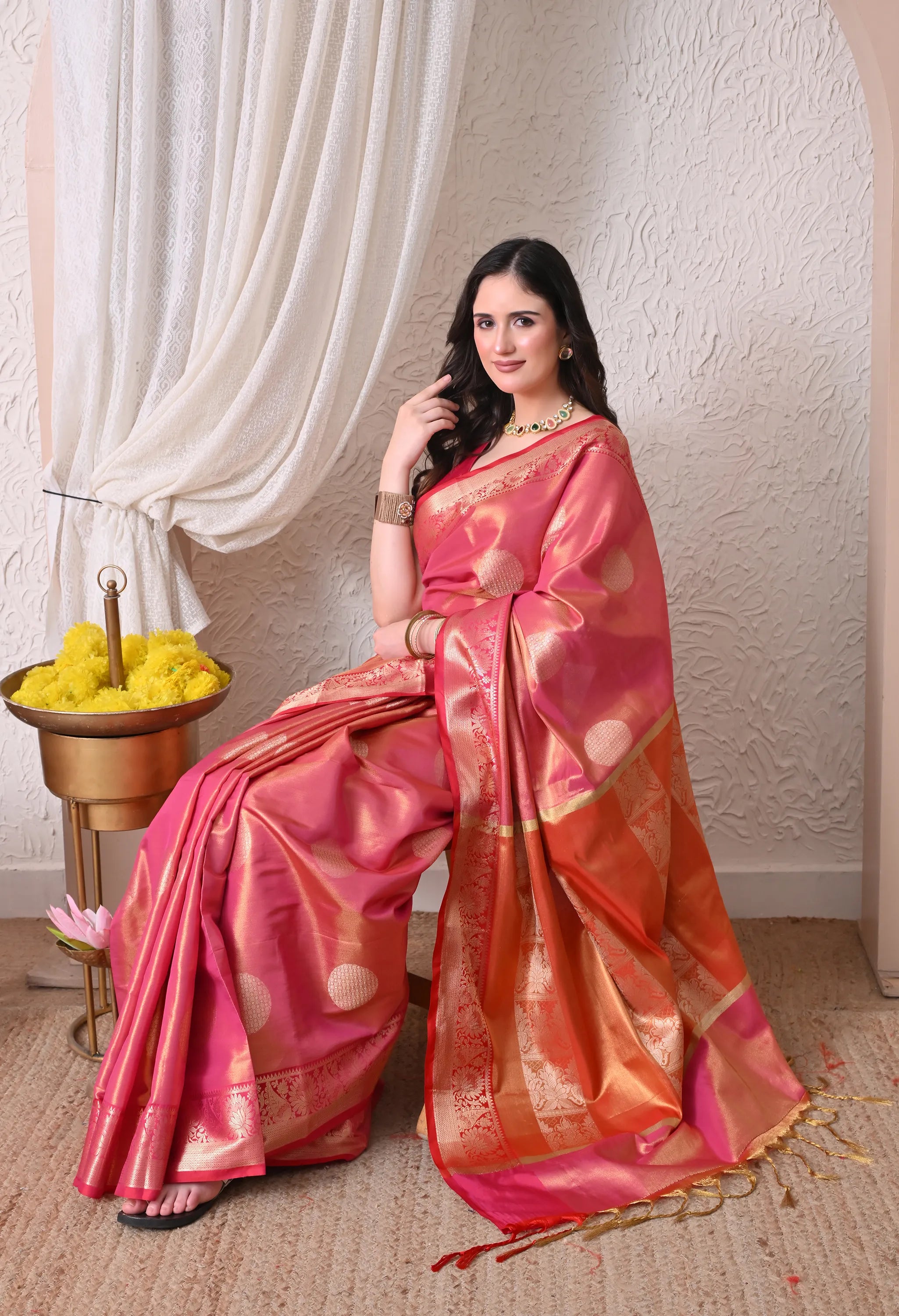 Radiant Pink Silk Blend Kanjeevaram Style Saree