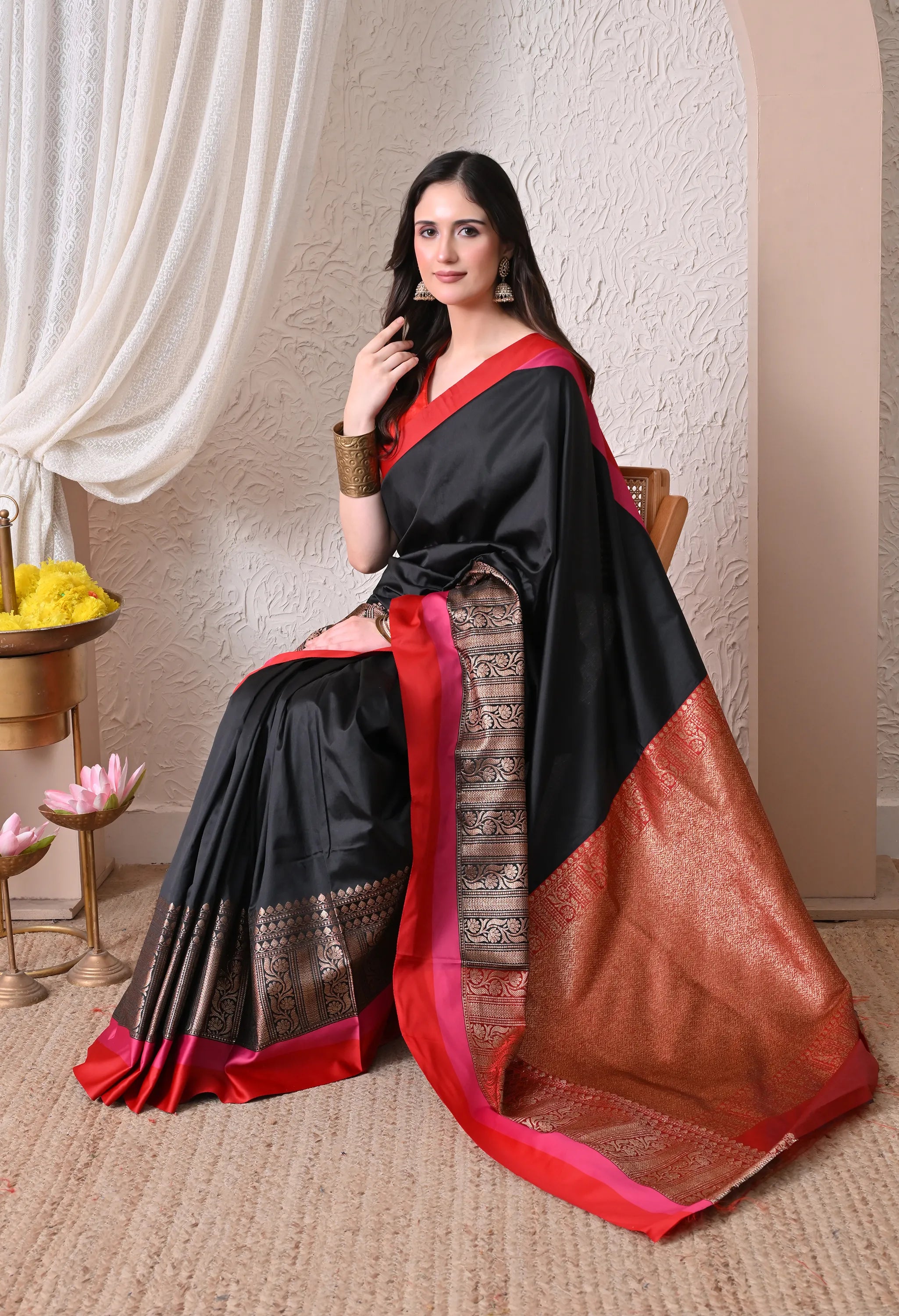 Midnight Black Silk Blend Saree with Multi-Toned Crimson and Pink Border