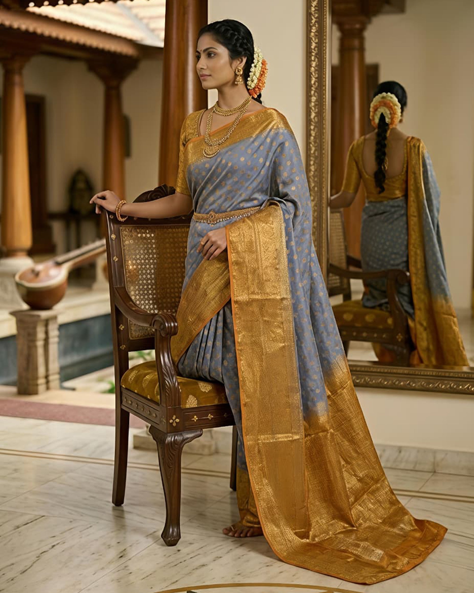 Steel Blue & Gold-Toned Silk Blend Kanjeevaram Style Saree