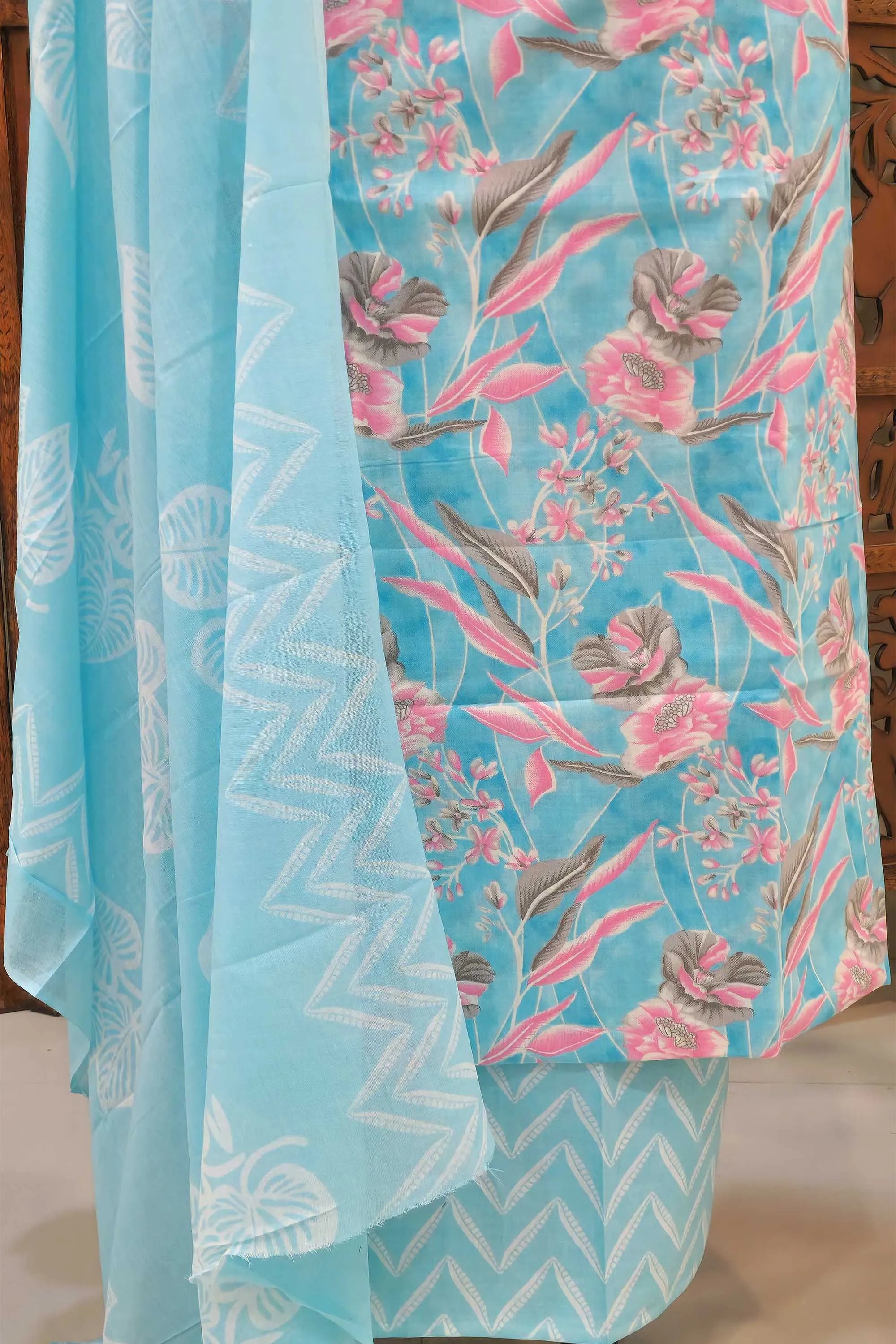 Women Sky Blue & Pink Floral Printed Pure Cotton Unstitched Dress Material with Embroidered Neckline