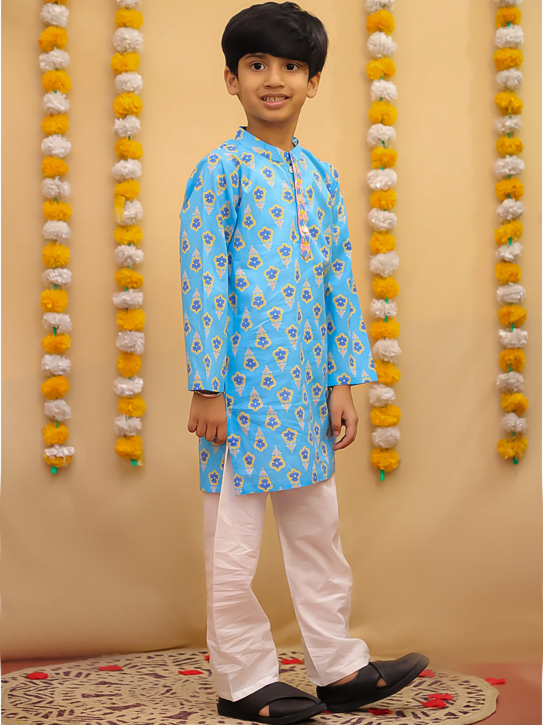 Boys' Cotton Floral Print Kurta Pajama Set | Sky Blue Ethnic Wear for Kids | Traditional Festive & Party Wear Outfit
