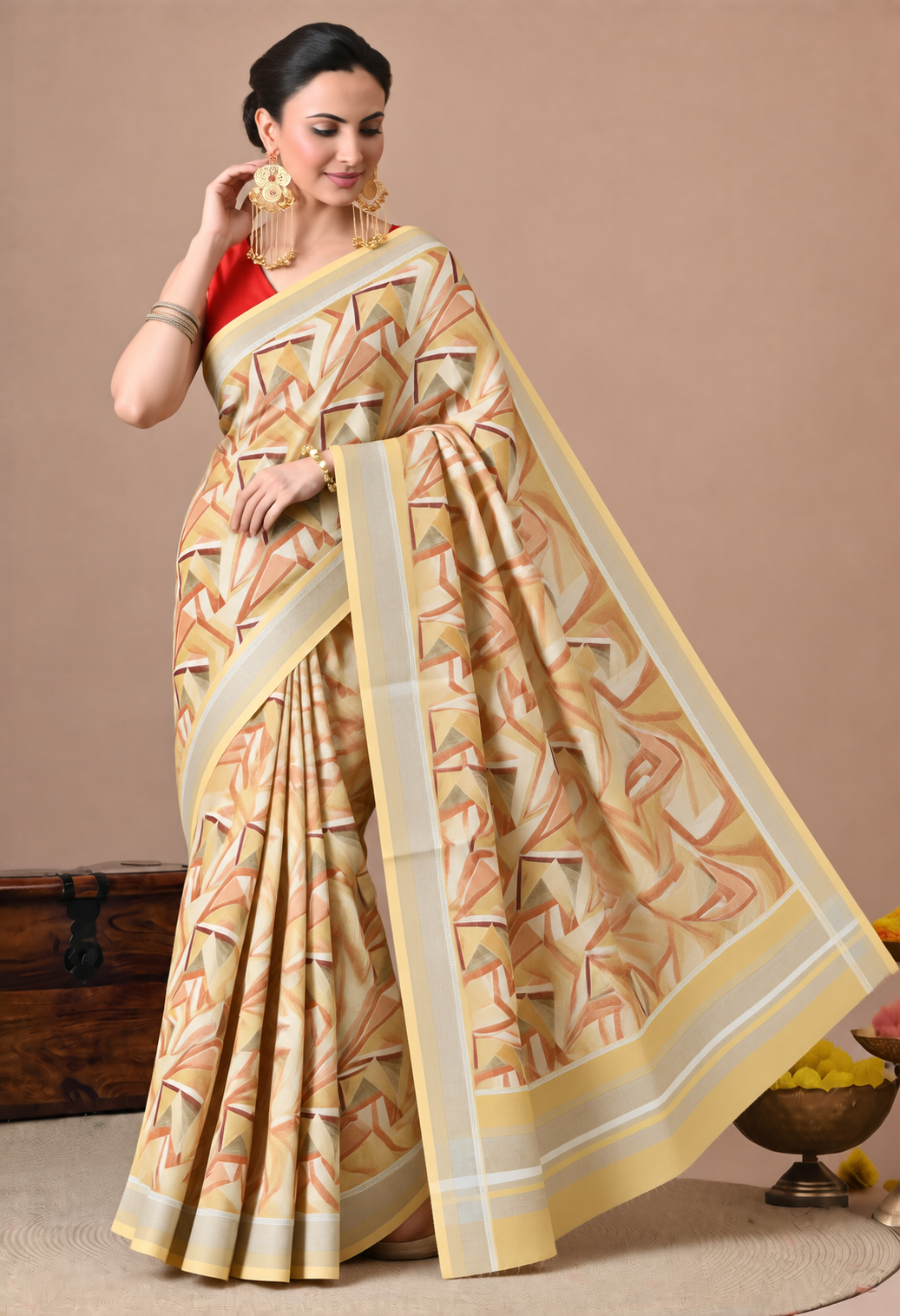 Elegant Cream Cotton Saree with Abstract Printed Design and Golden Border