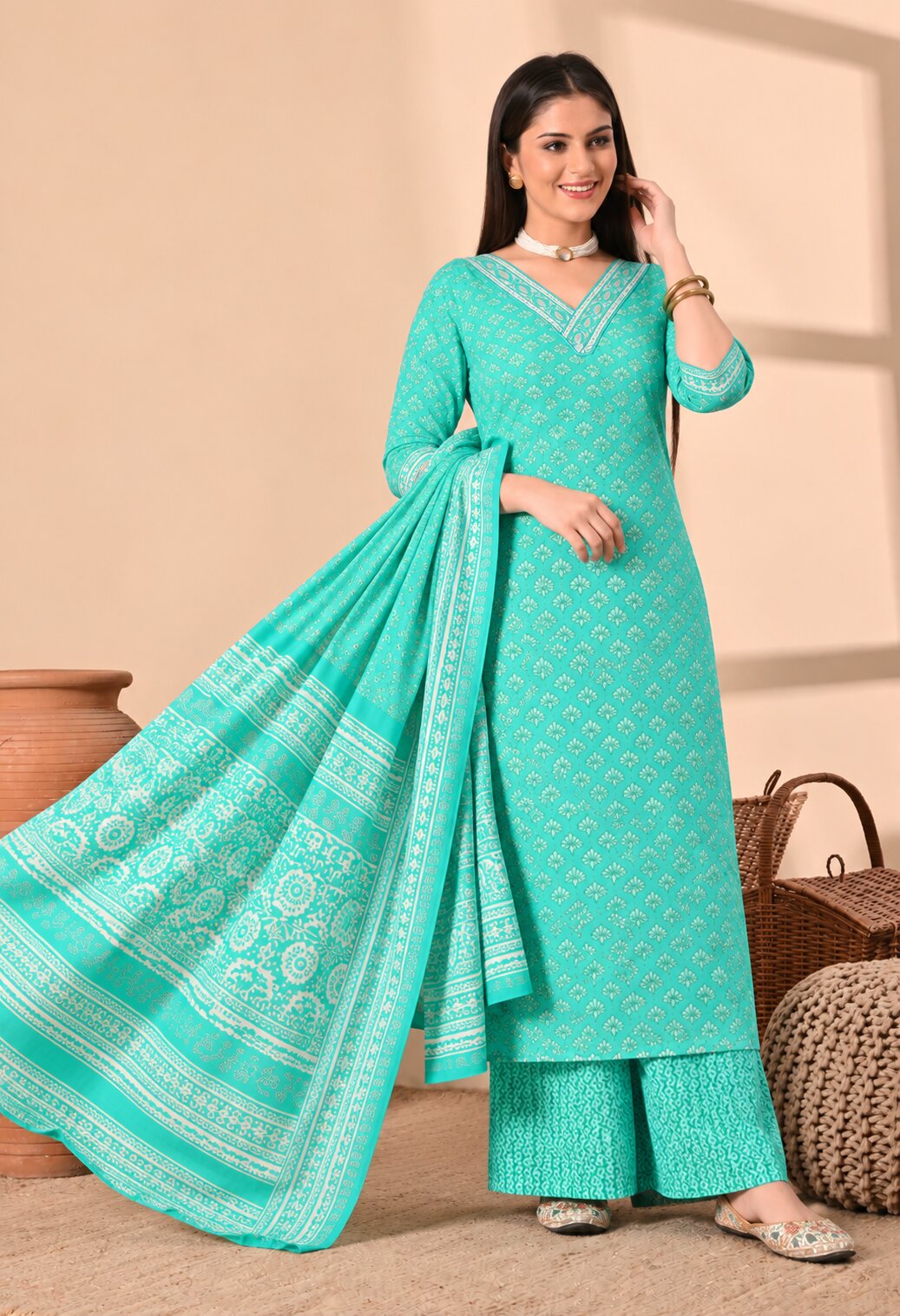 Sea Green Cotton Printed Suit Set with Matching Cotton Dupatta