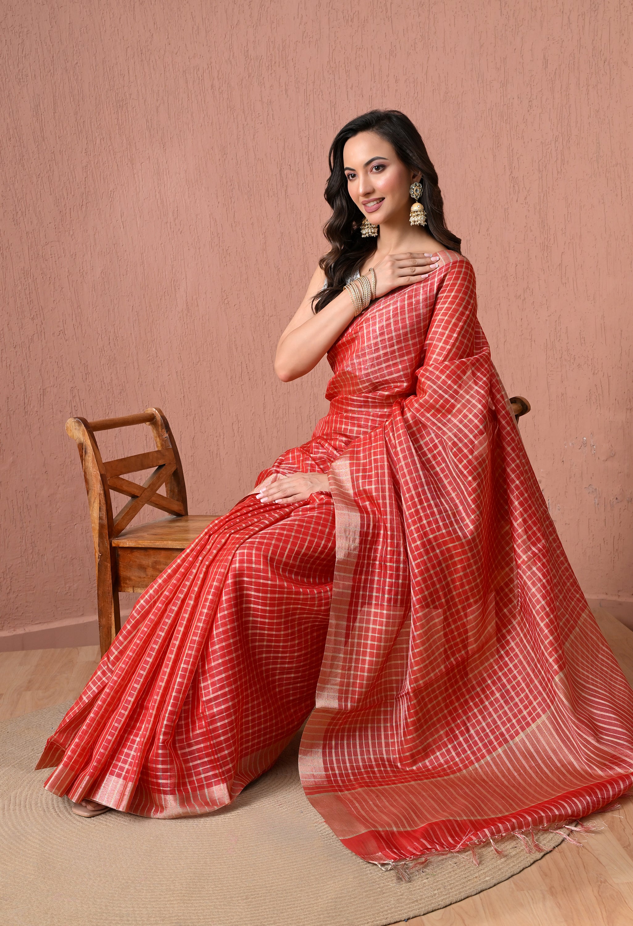 Pure Cotton Checked Saree in Vibrant Red with Zari Border
