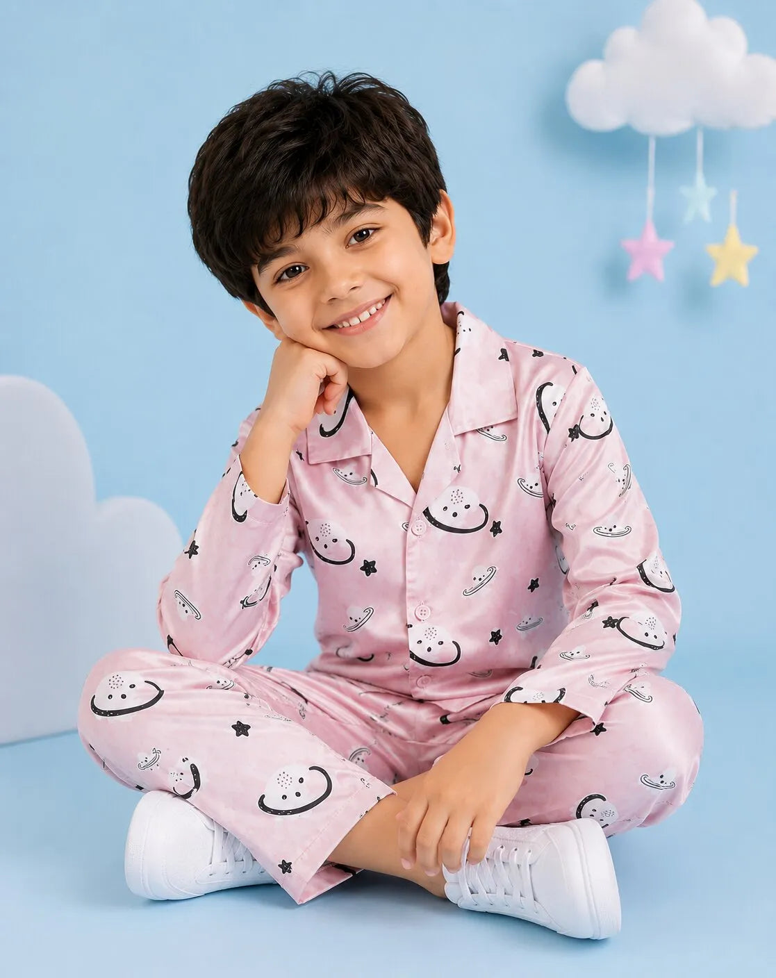Boys Pink Celestial Printed Satin Night Suit Set