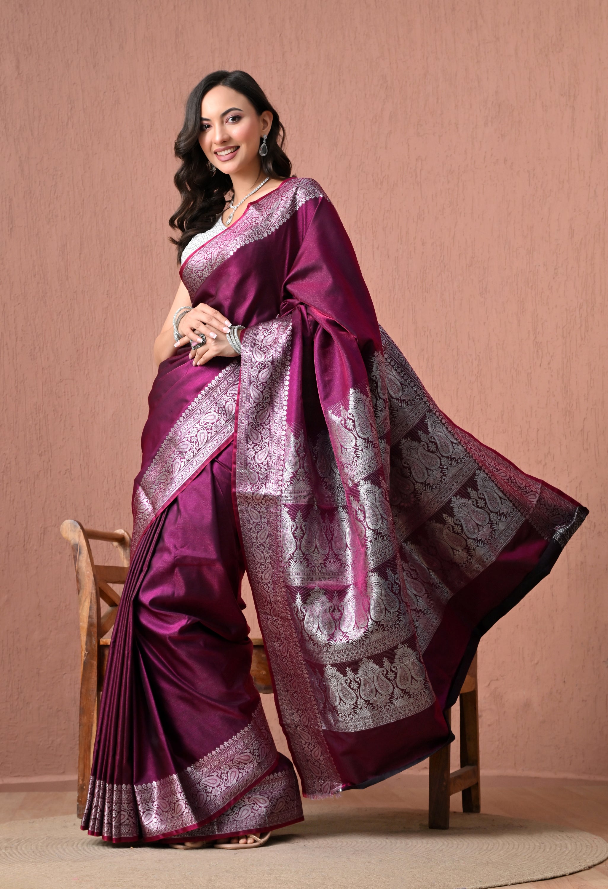 Exquisite Purple Pure Silk Banarasi Saree with Silver Zari Paisley Borders