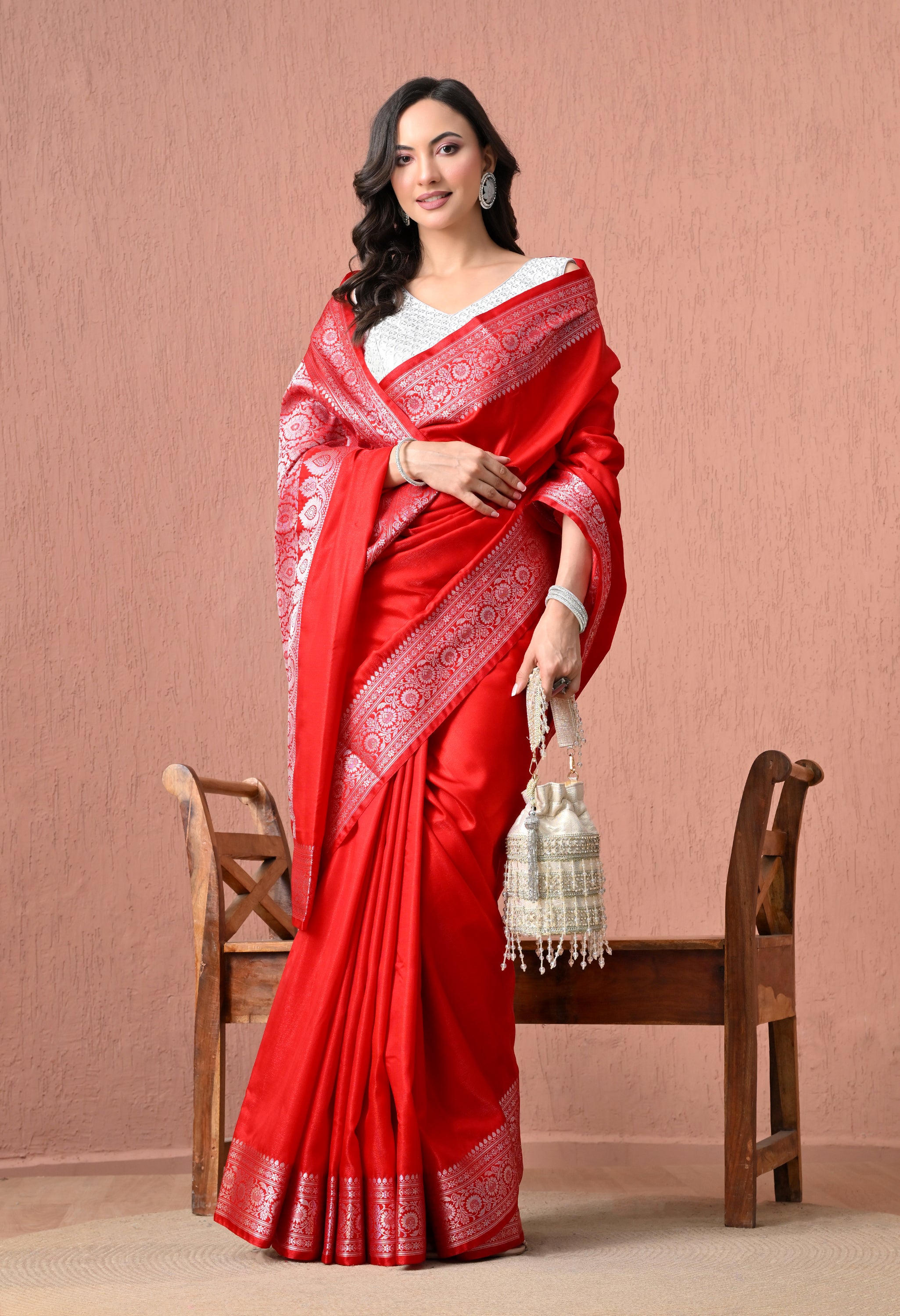 Radiant Crimson Red Pure Silk Banarasi Saree with Ornate Silver Zari Pallu