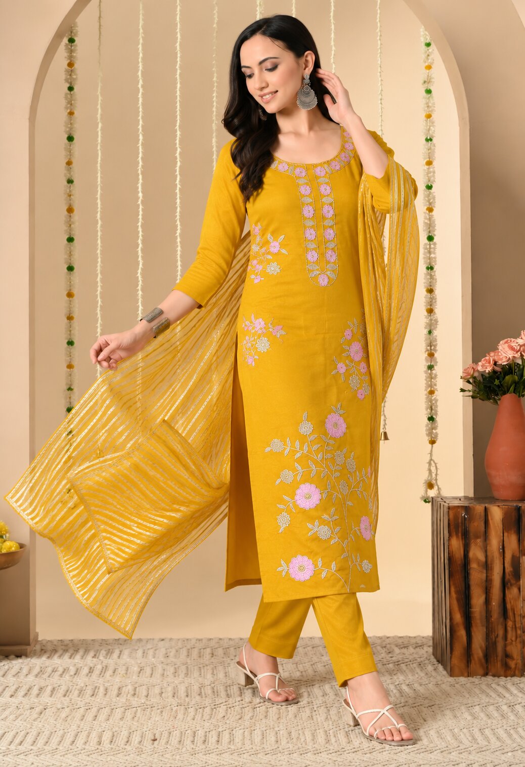 Mustard Yellow Chanderi Silk Embroidered Kurta Set with Organza Dupatta