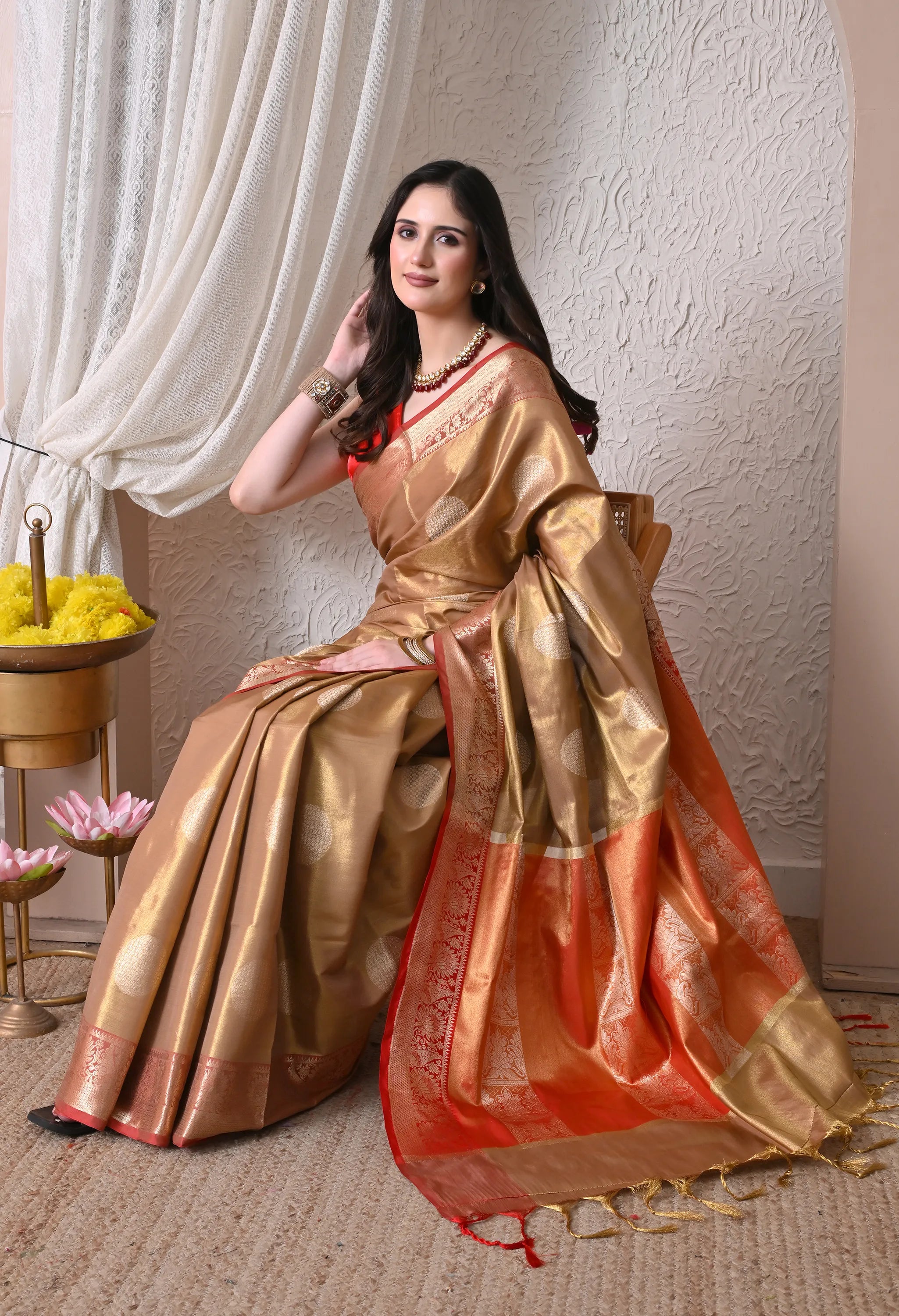 Silk Blend Saree in Metallic Gold & Crimson Red