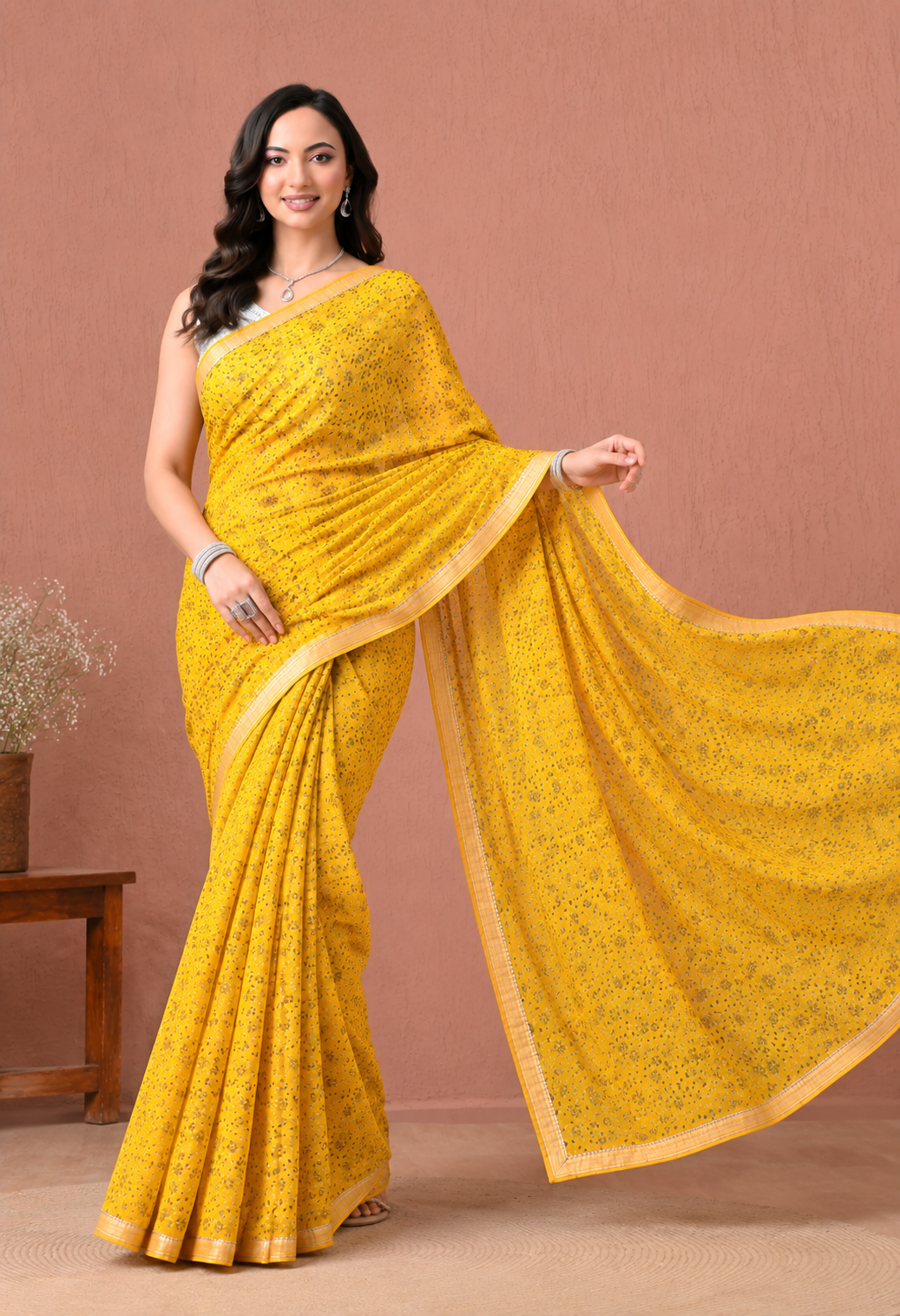 Mustard Yellow Chiffon Saree with Delicate Floral Print