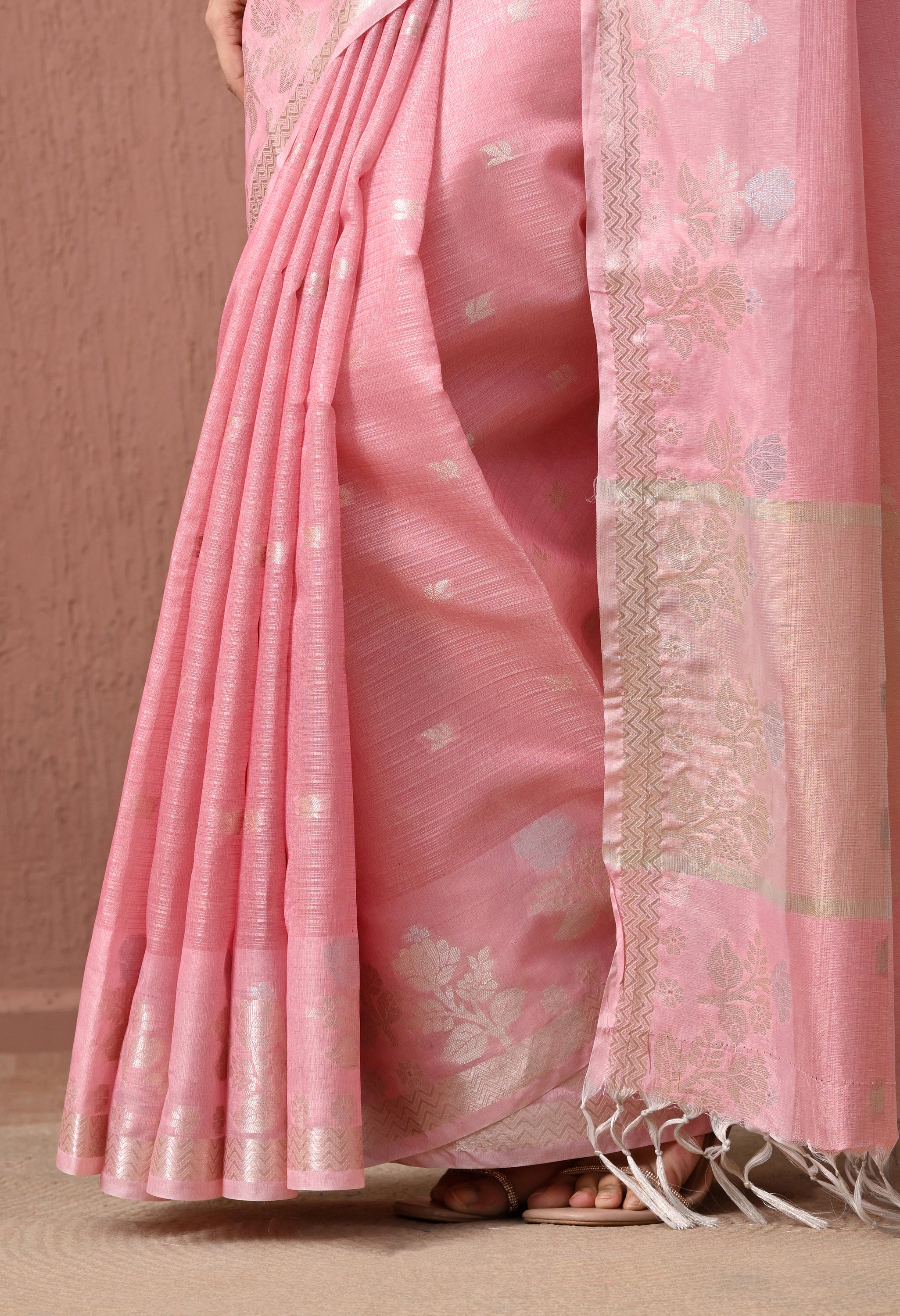 Pink Pure Cotton  Saree with Silver Zari Floral Bootis and Pallu