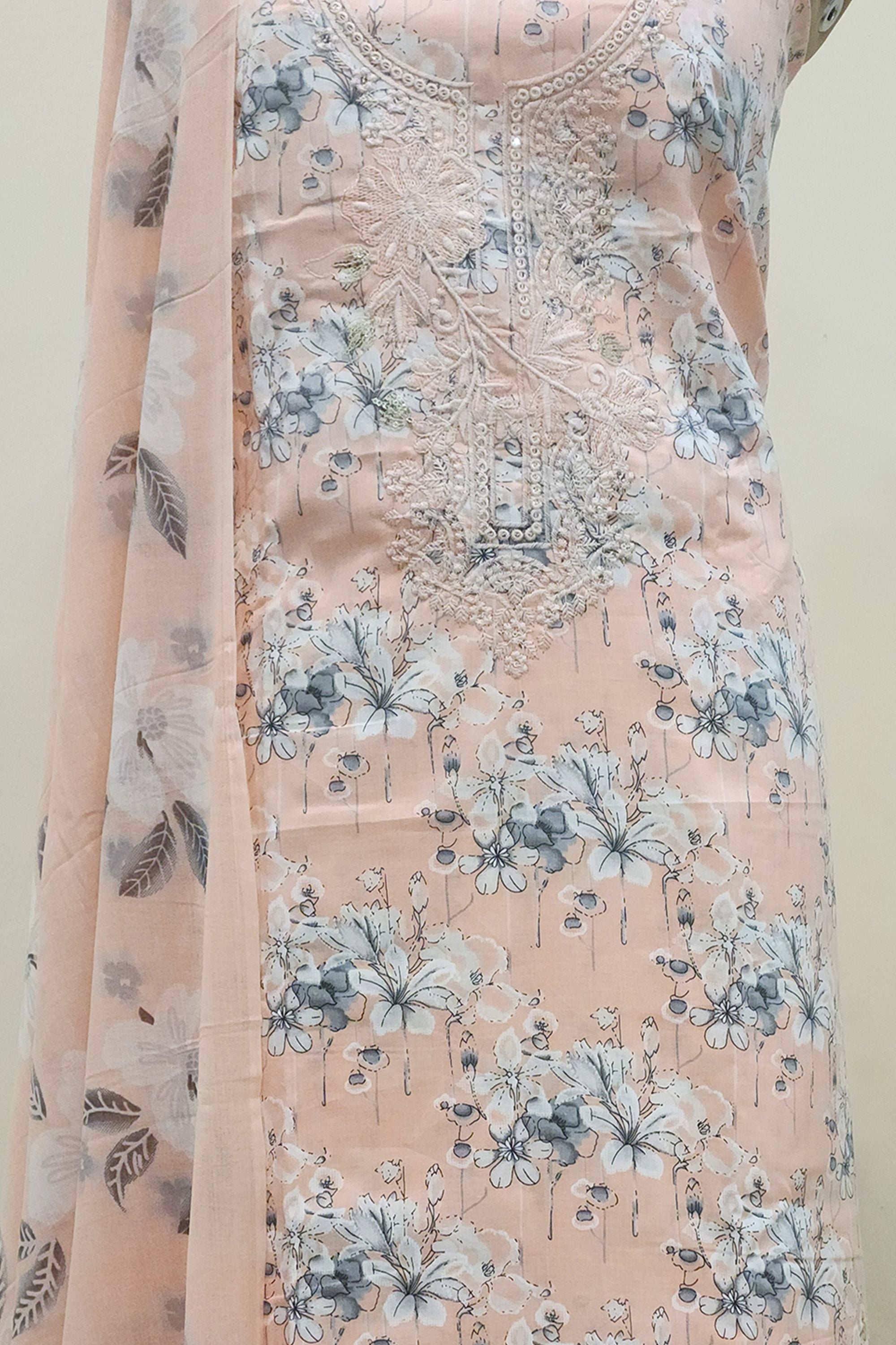 Women's Pure Cotton Peach Floral Print Unstitched Suit Set