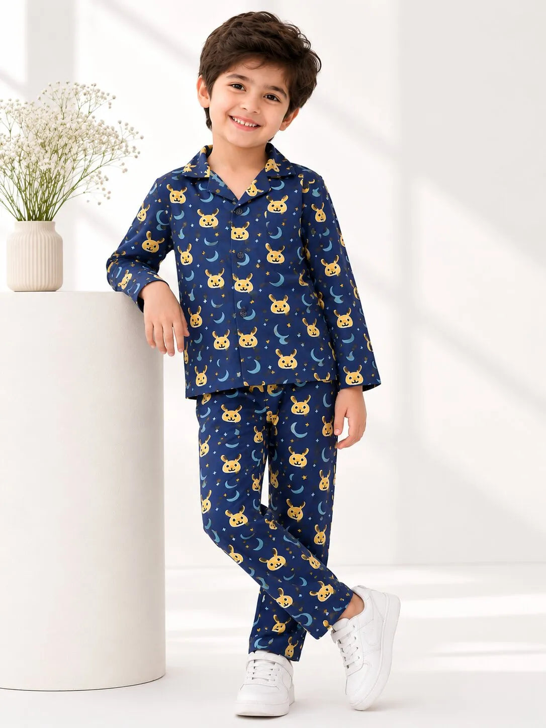 Kids Navy Blue & Yellow Bunny Print Night Suit