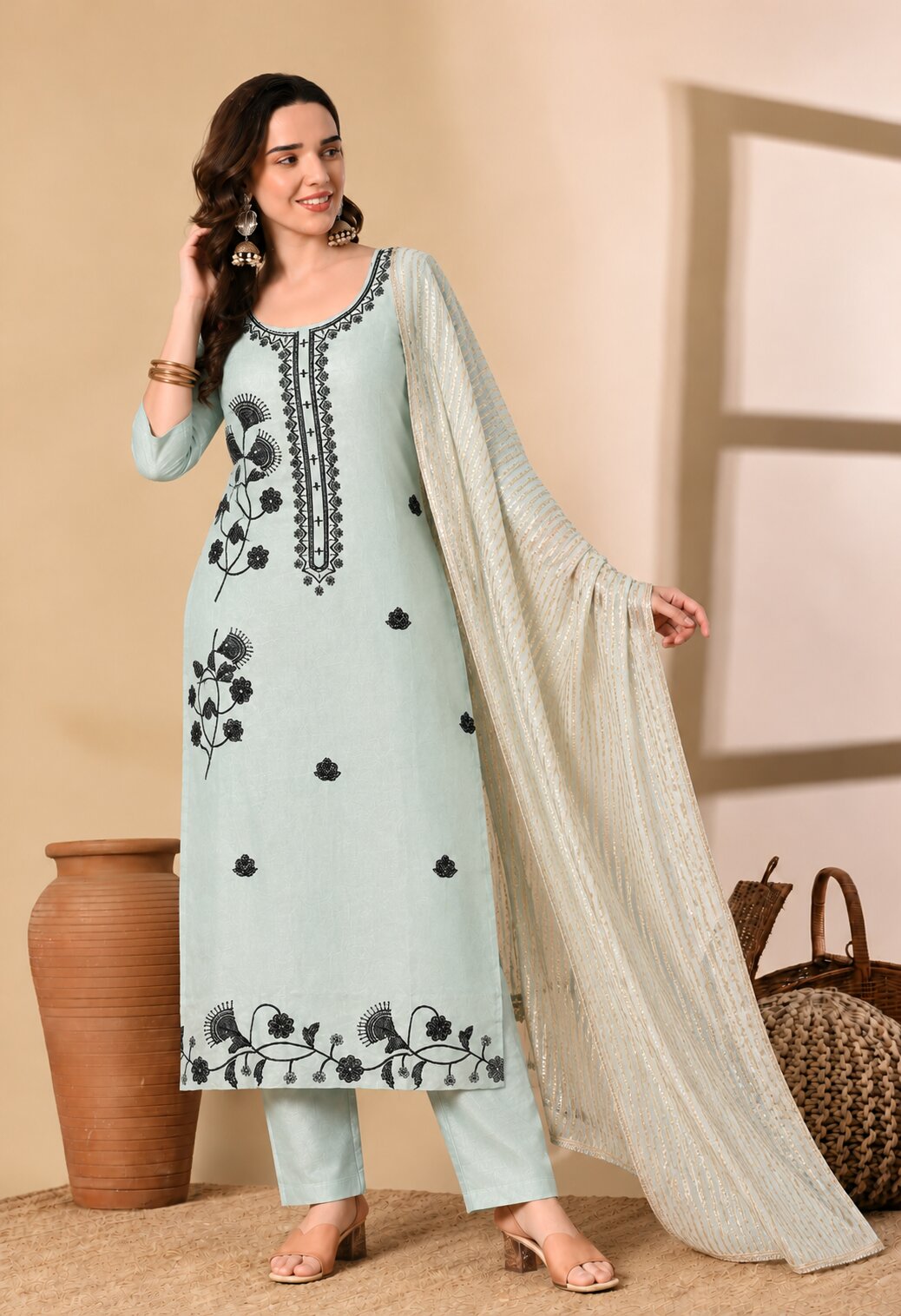 Mint Green Chanderi Silk Embroidered Suit Set with Dupatta