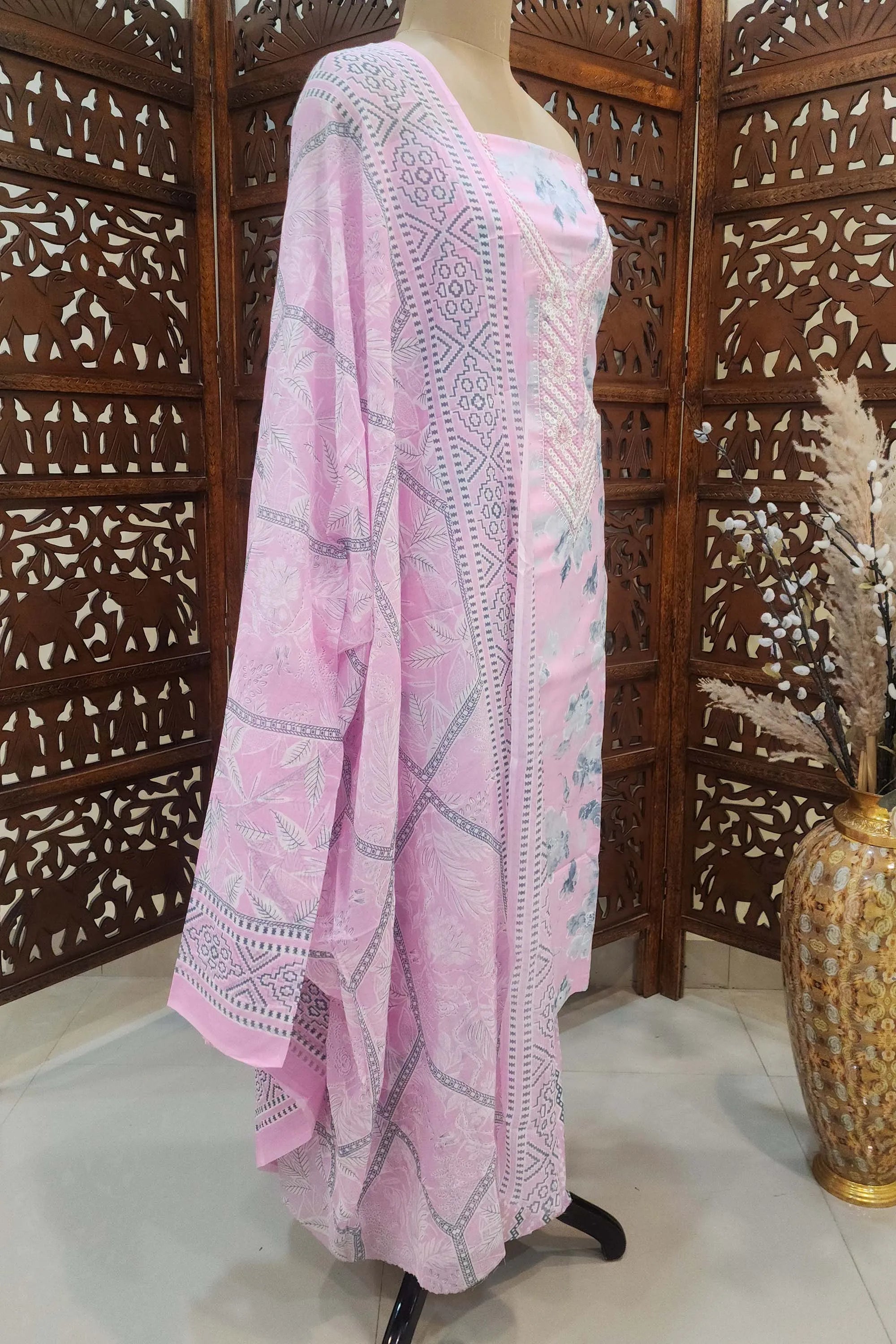 Lavender & Grey Floral Printed Cotton Unstitched Dress Material with Sequinned Embroidery