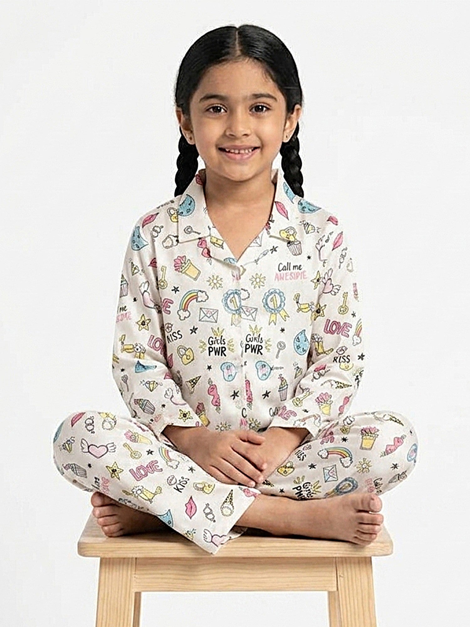 Girl Pearl White & Multicolor Graphic Printed Satin Nightwear Set