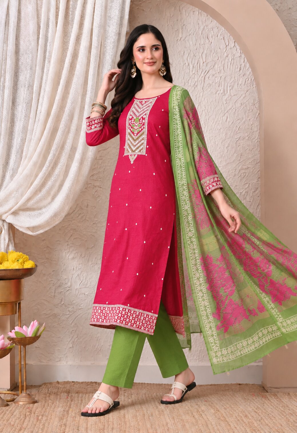 Magenta Pink Chanderi Silk Embroidered Suit Set with Organza Dupatta
