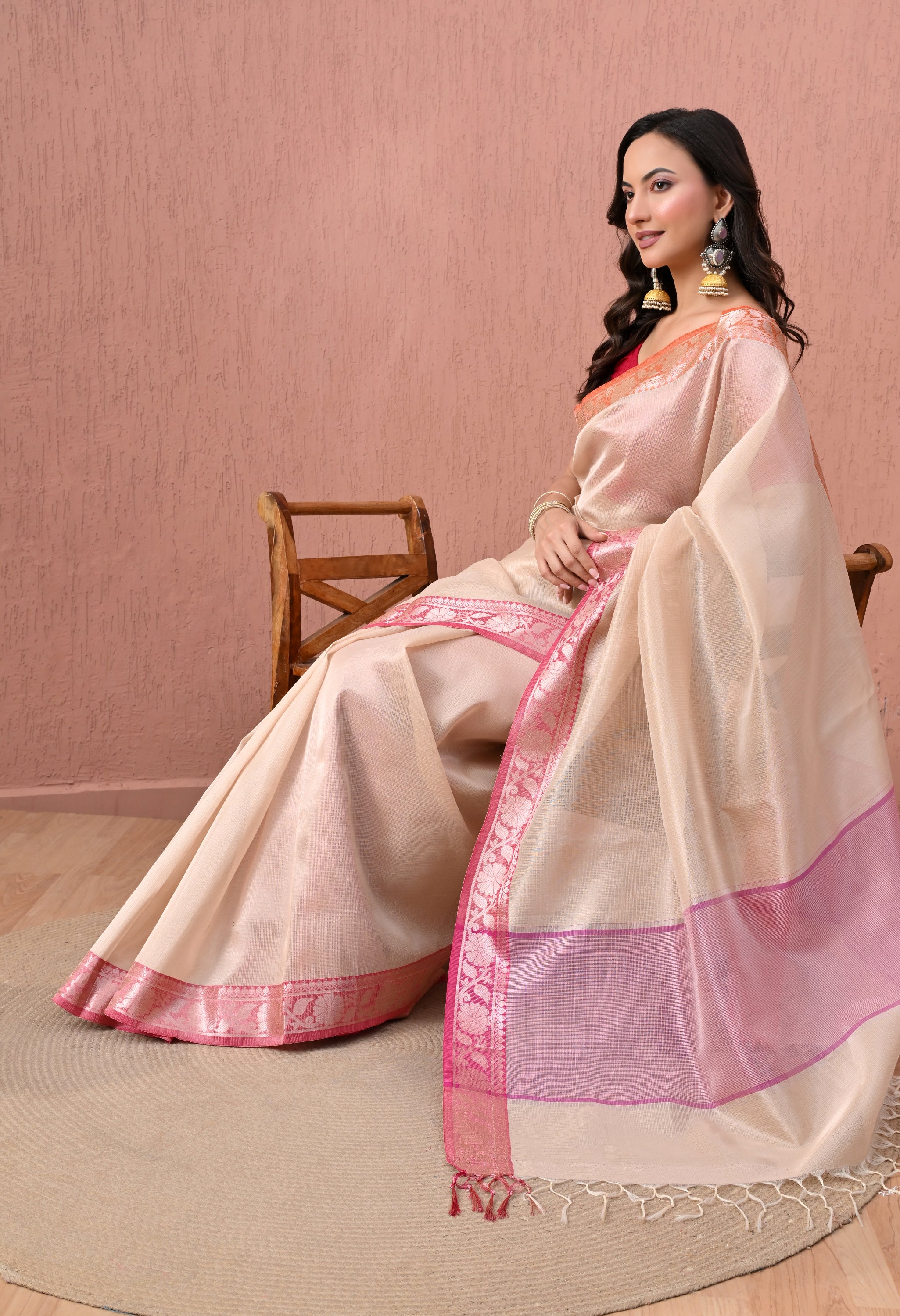 Pure Cotton Saree in Beige with Zari Border and Contrast Rani Pink Pallu