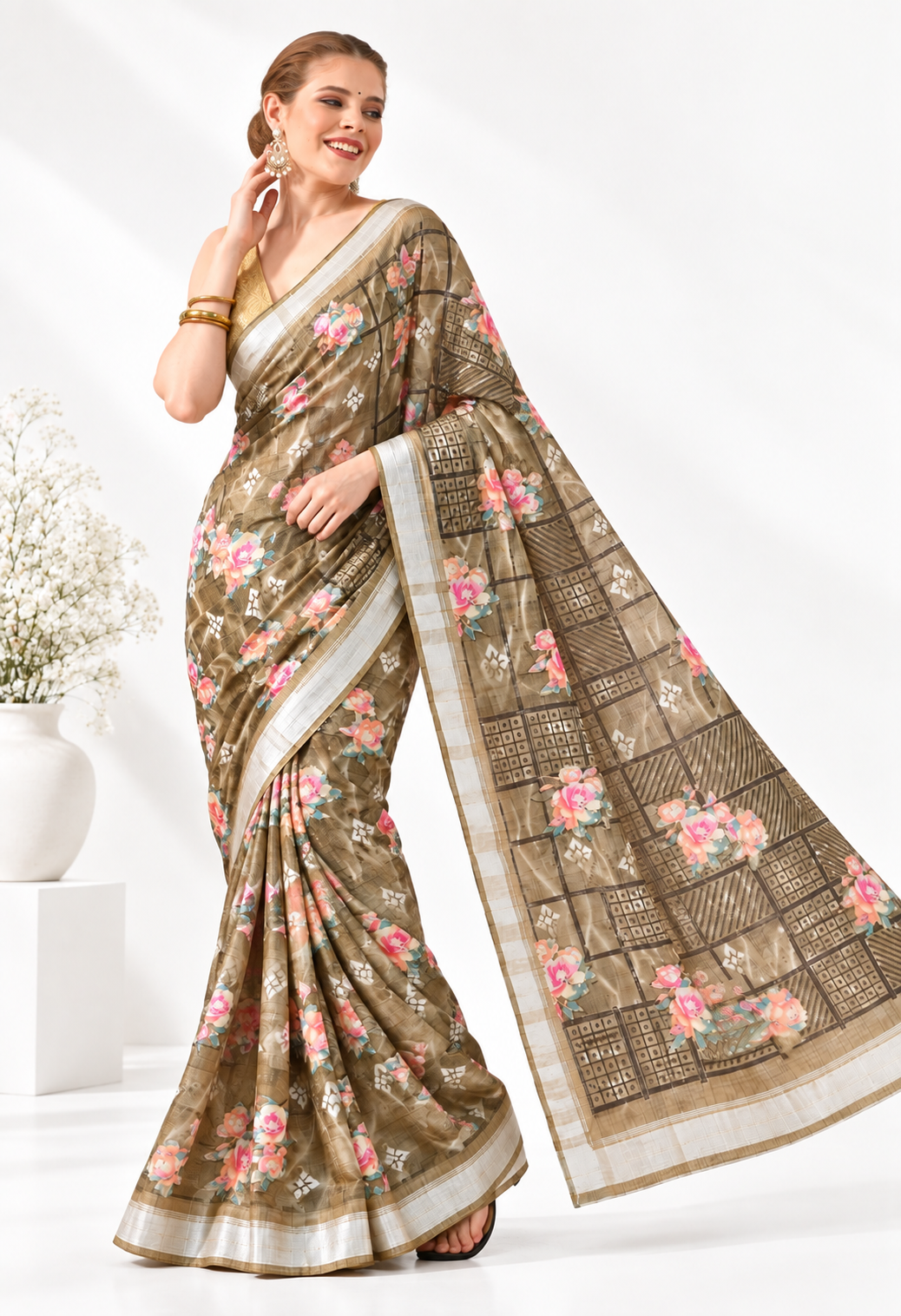 Elegant Olive Green Floral Printed Saree with Antique Gold Border