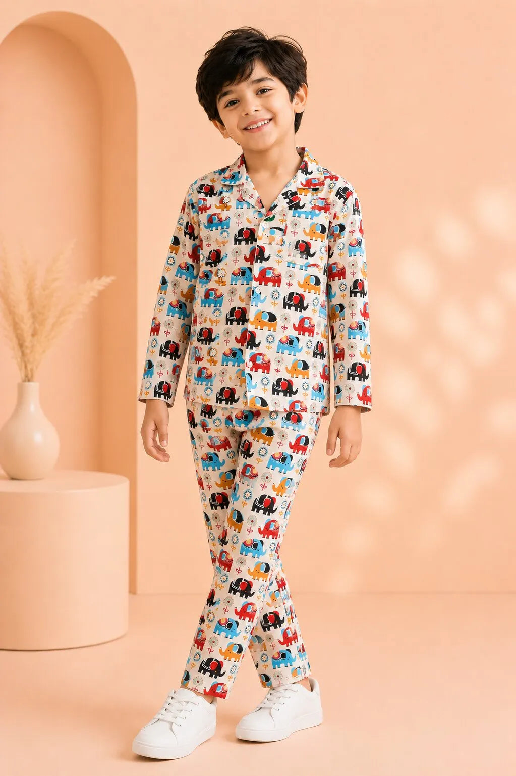 Kids' Elephant Print Cotton Night Suit