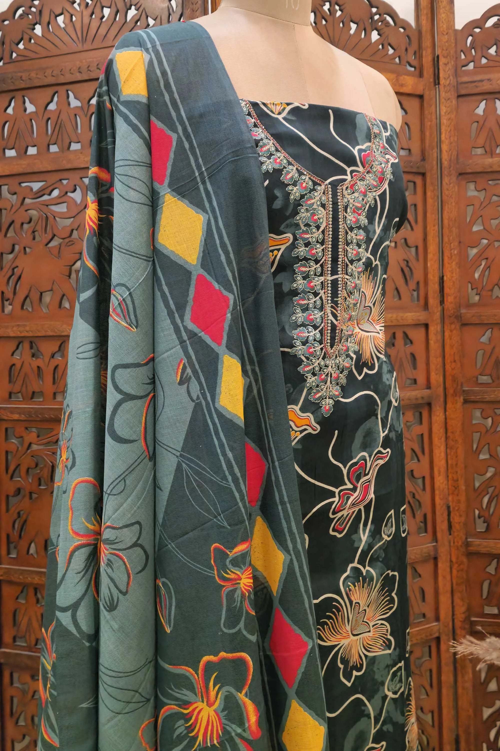 Women Dark Green & Yellow Floral Printed Pure Cotton Unstitched Dress Material with Embroidered Neckline