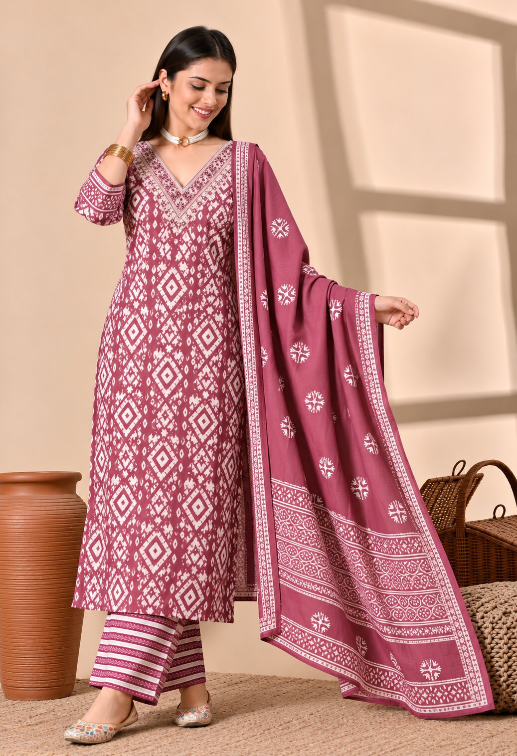Mauve Pink Cotton Printed Suit Set with Matching Cotton Dupatta for Women