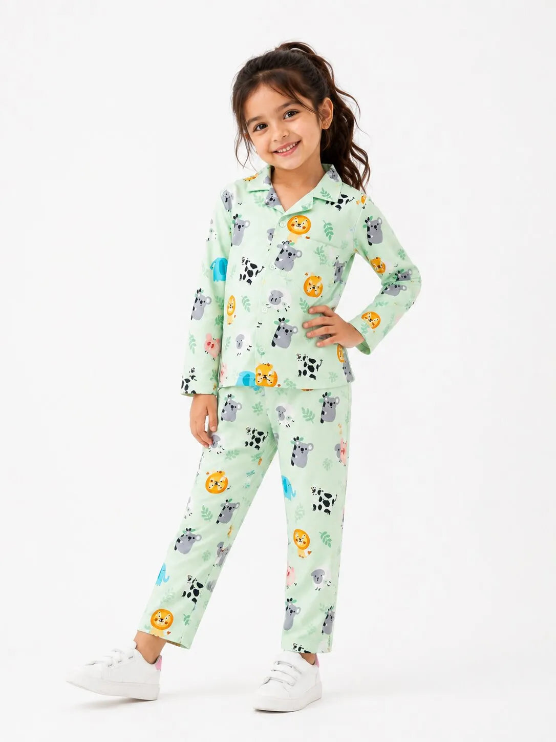 Kids Mint Green Animal Print Satin Nightsuit Set