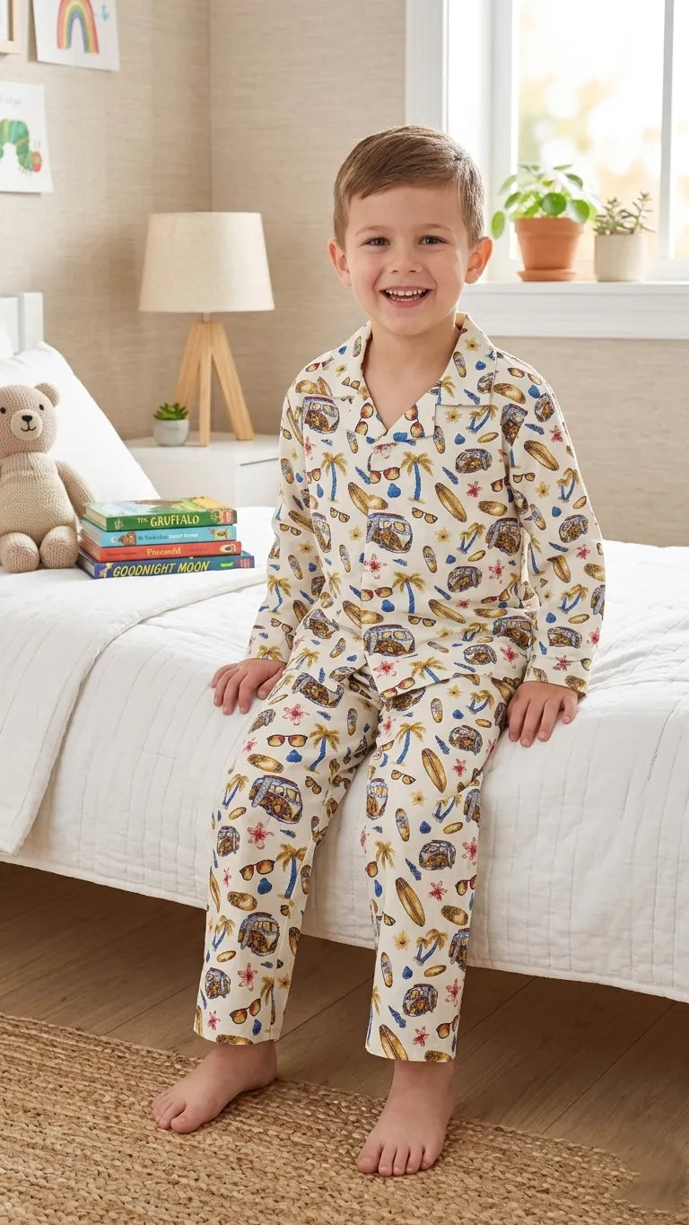 Tropical Surf & Camper Print Cotton Night Suit