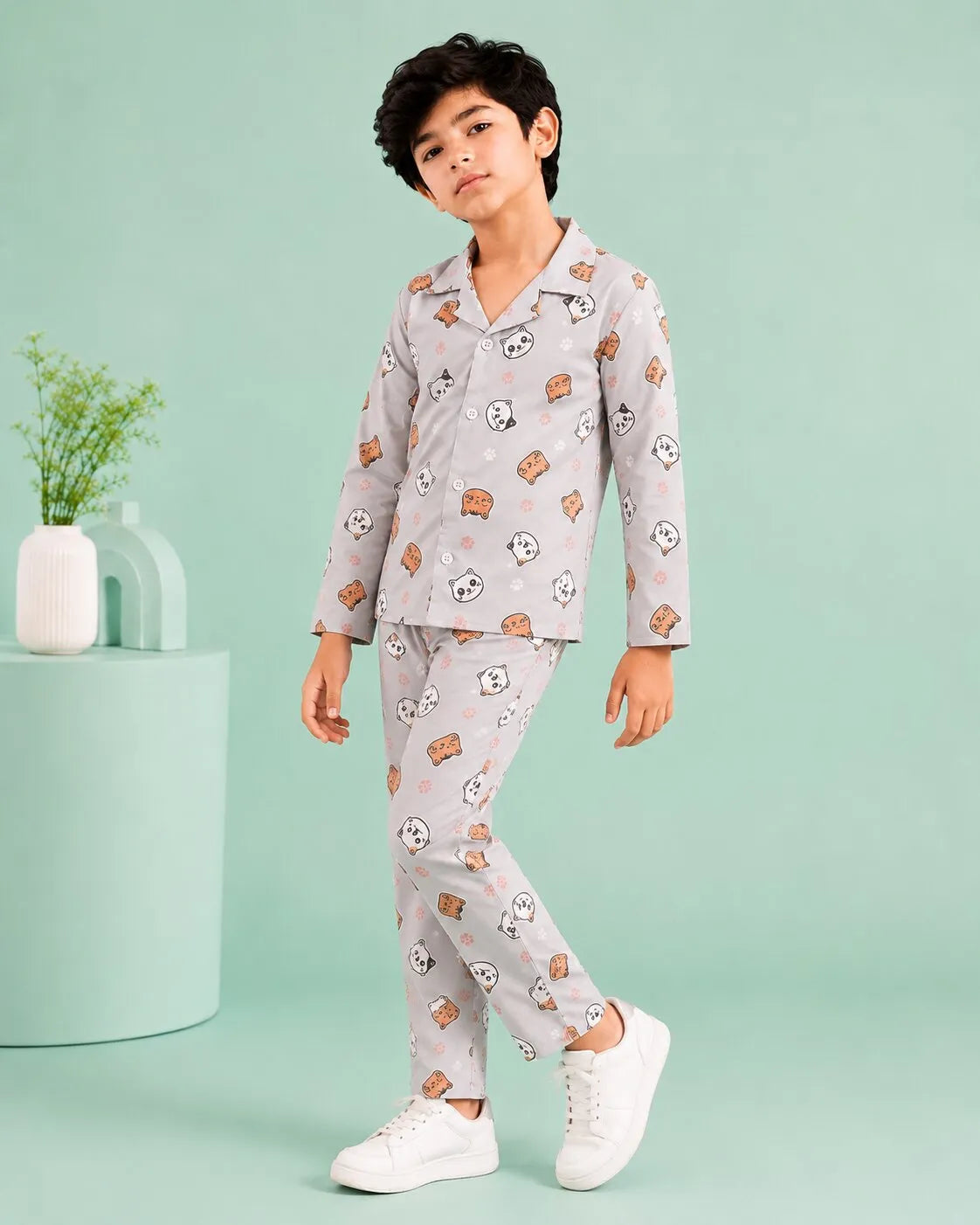 Kids Boys Grey & Orange Cat Printed Satin Night Suit