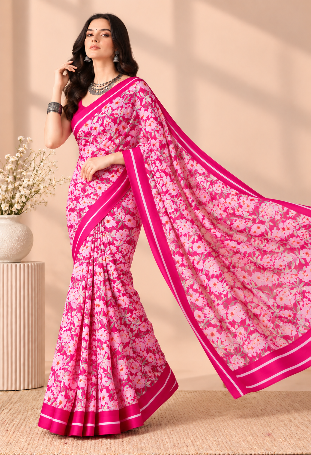 Elegant Pink Georgette Saree with Floral Print and Designer Border