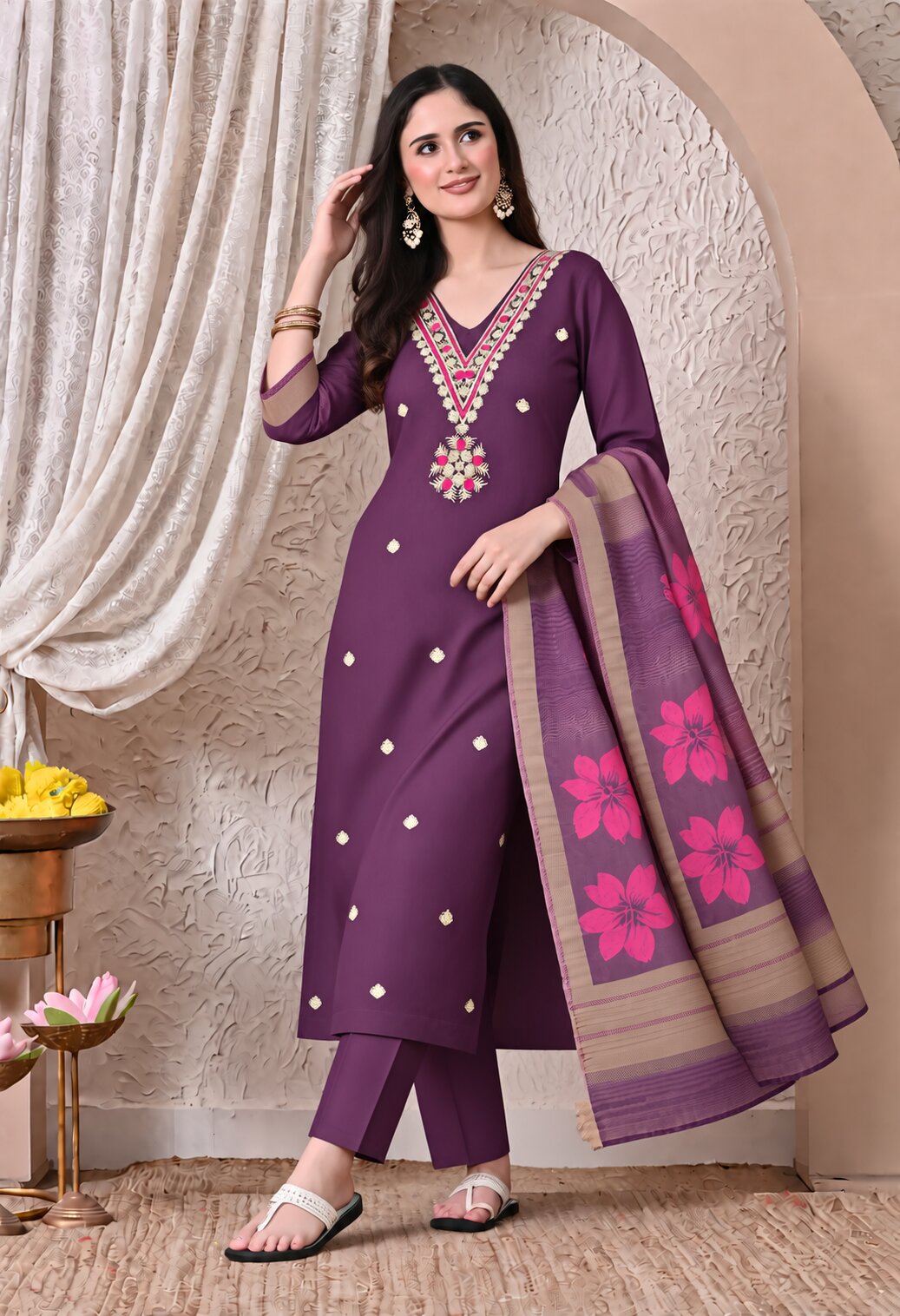 Purple Chanderi Silk Embroidered Suit Set with Organza Dupatta