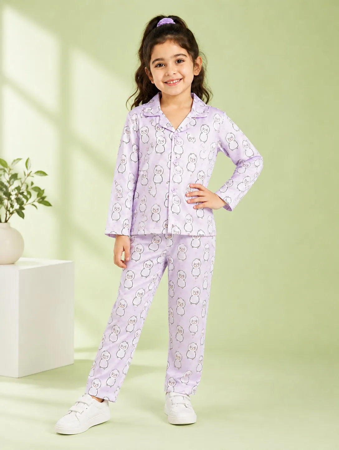 Girls Pink & White Cartoon Print Satin Night Suit Set